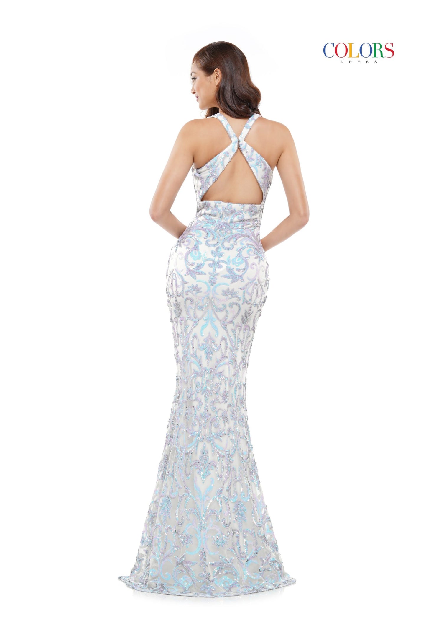 Colors 2520 Long Fitted Sequin Prom Dress Open Back Pageant Gown V Neckline 47″ Patterned sequin jersey dress with V neck, fitted skirt and cross back detail  Available Sizes: 2-24  Available Colors: Wine, Royal, Off White, Black