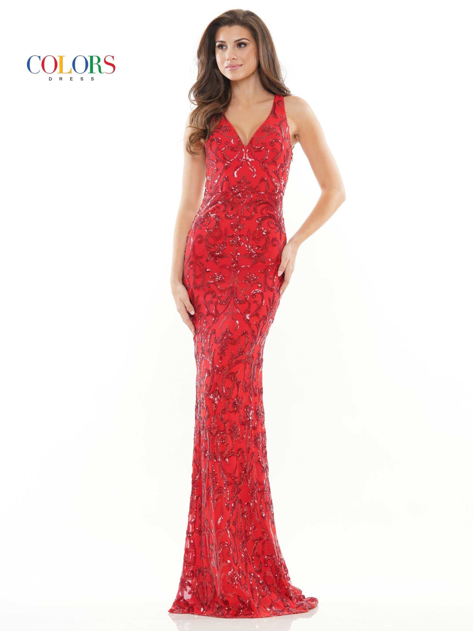 Colors 2520 Long Fitted Sequin Prom Dress Open Back Pageant Gown V Neckline 47″ Patterned sequin jersey dress with V neck, fitted skirt and cross back detail  Available Sizes: 2-24  Available Colors: Wine, Royal, Off White, Black