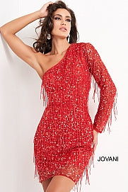 Jovani 2645 short one shoulder cocktail dress fringe embellished fitted long sleeve