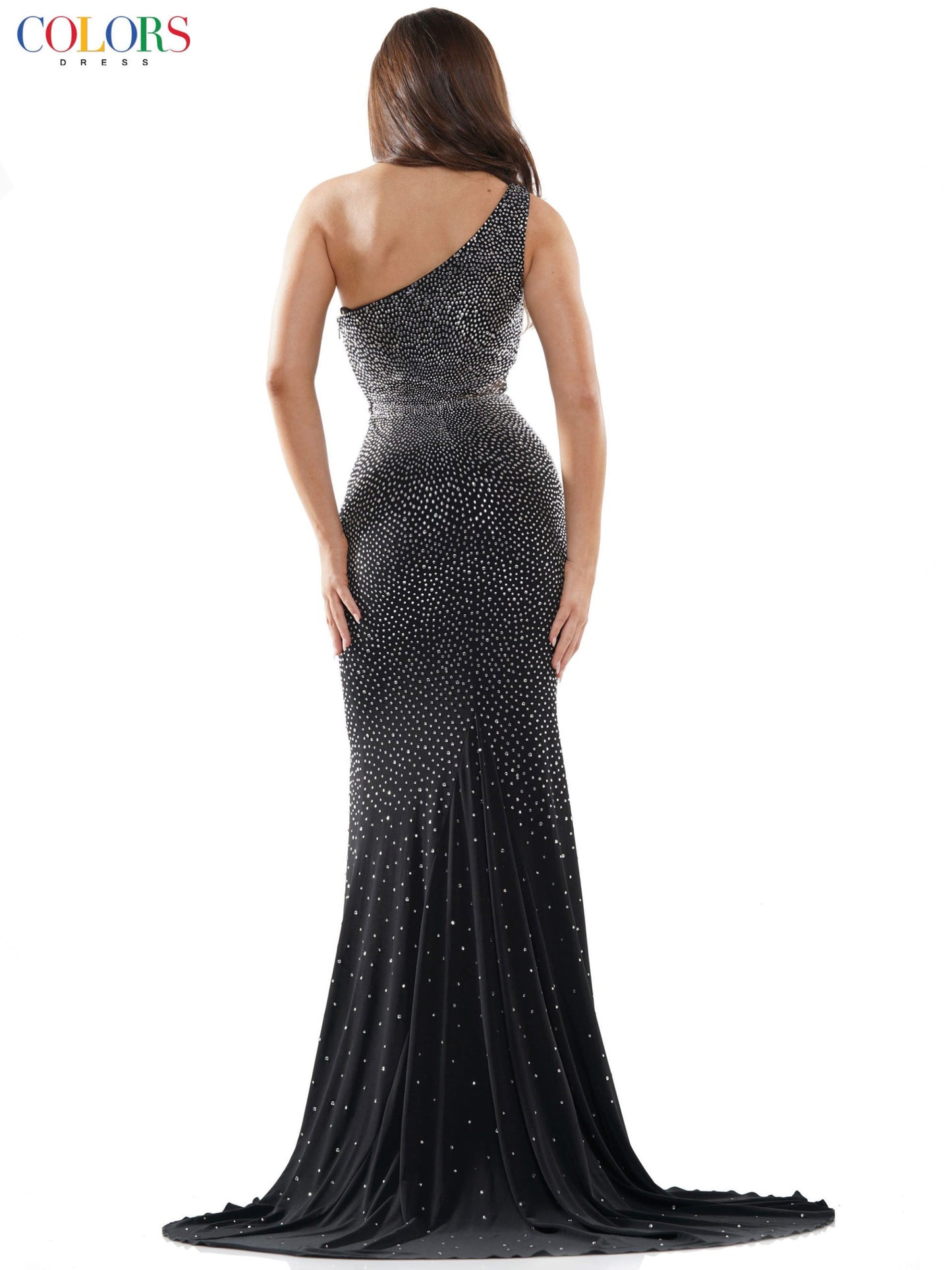 Colors 2647 Long Fitted one shoulder Embellished Prom Dress Pageant Gown 47″ one-shoulder jersey fit and flare dress with heat-set stones, side mesh cut out  Available Sizes: 0-22  Available Colors: Black/Hot Pink, Black/Green, Black/Clear