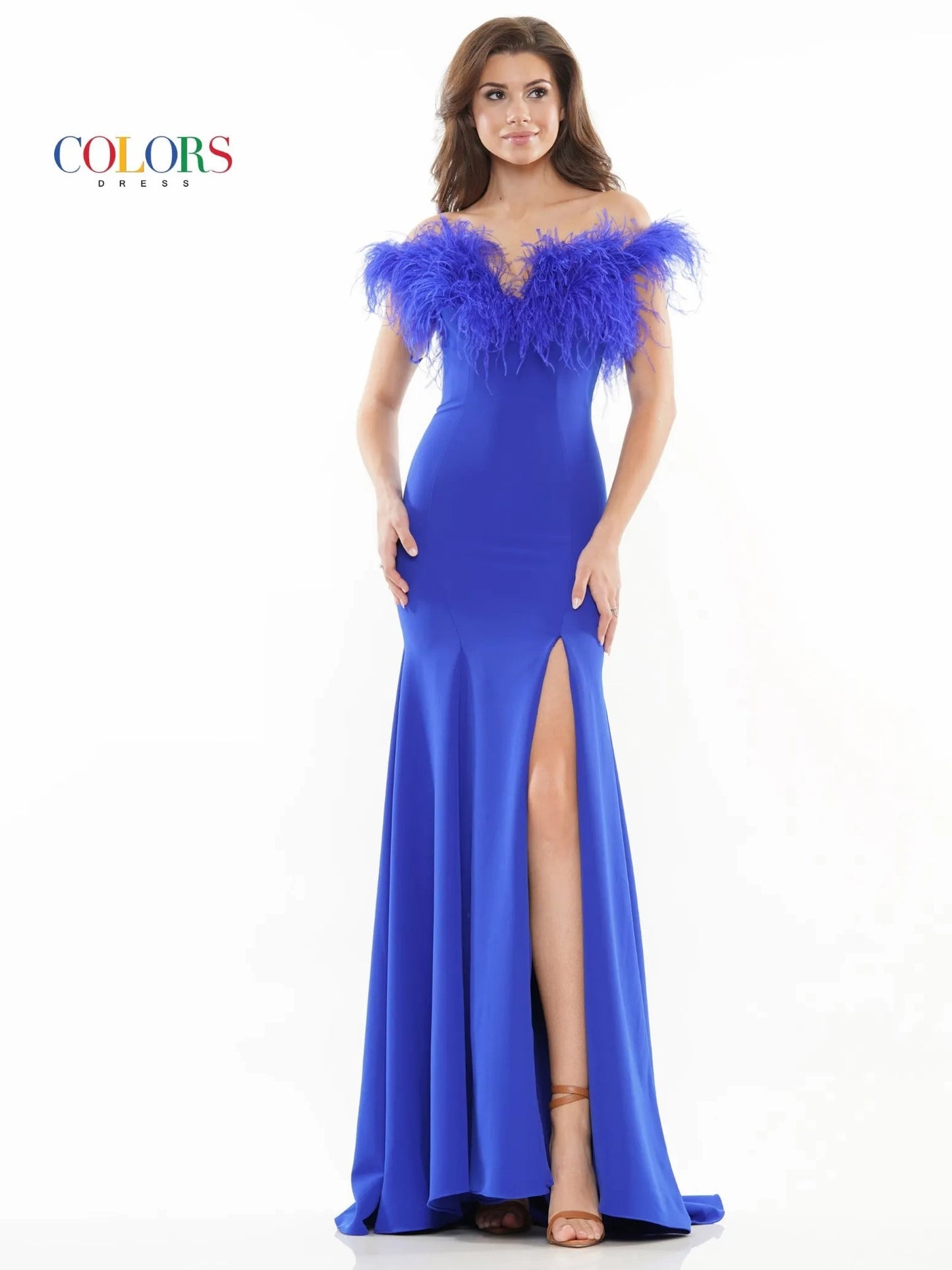 Colors Dress 2663 Long Fitted Feather off the Shoulder Formal Prom Dress Slit Pageant Gown   Sizes: 2-24  Colors: Black, Red, Royal, White, Light Blue, Hot Pink