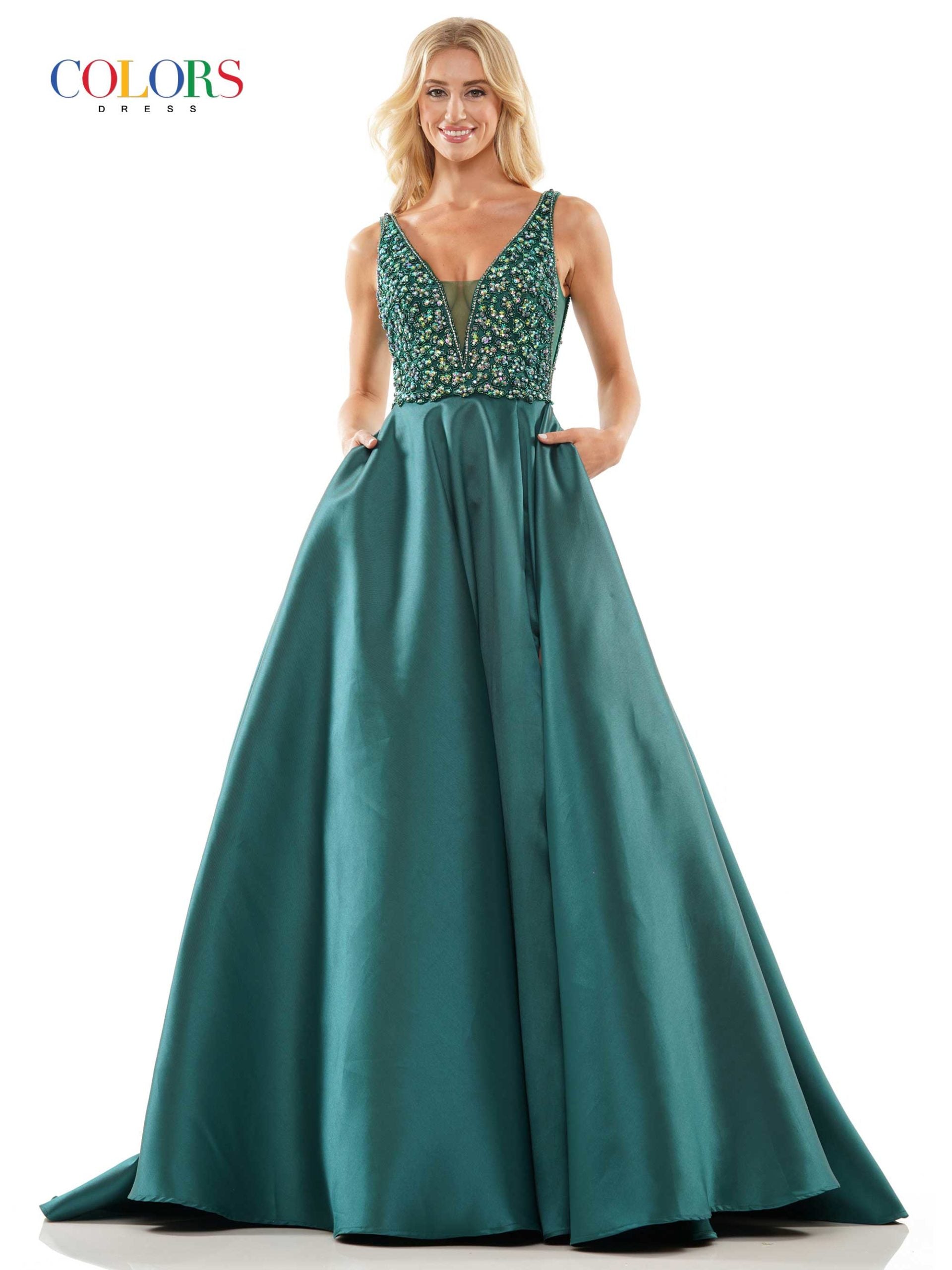 Colors 2966 Long A Line Maxi Slit Ballgown Formal Prom Dress Pageant Gown Pockets V neckline crystal embellished bodice with mesh side panels. Mikado/Beaded Mesh  Available Sizes: 2-24  Available Colors: Light Blue, Red, Royal, Deep Green