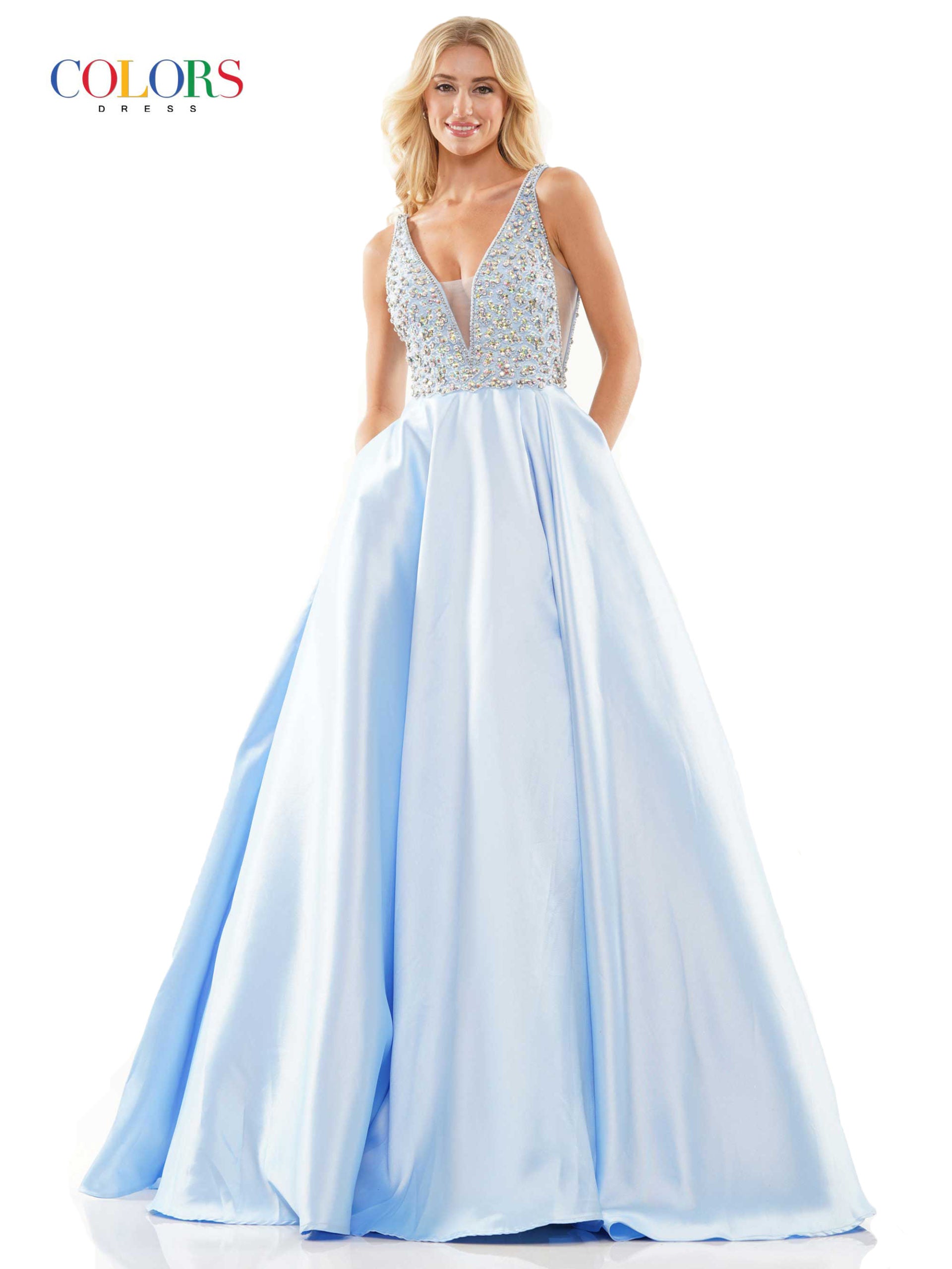 Colors 2966 Long A Line Maxi Slit Ballgown Formal Prom Dress Pageant Gown Pockets V neckline crystal embellished bodice with mesh side panels. Mikado/Beaded Mesh  Available Sizes: 2-24  Available Colors: Light Blue, Red, Royal, Deep Green