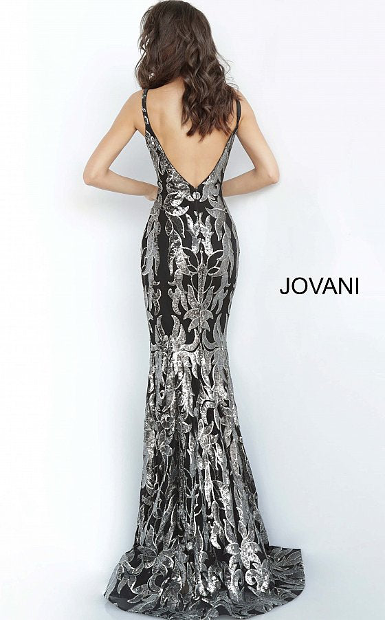 Jovani 3263 is a long Fitted Mermaid Prom Dress with a damask print sequin embellished pattern. Plunging V Neckline and open V Back. Lush Trumpet Skirt is great for the stage in this formal evening gown & Pageant Dress. Glass Slipper Formals