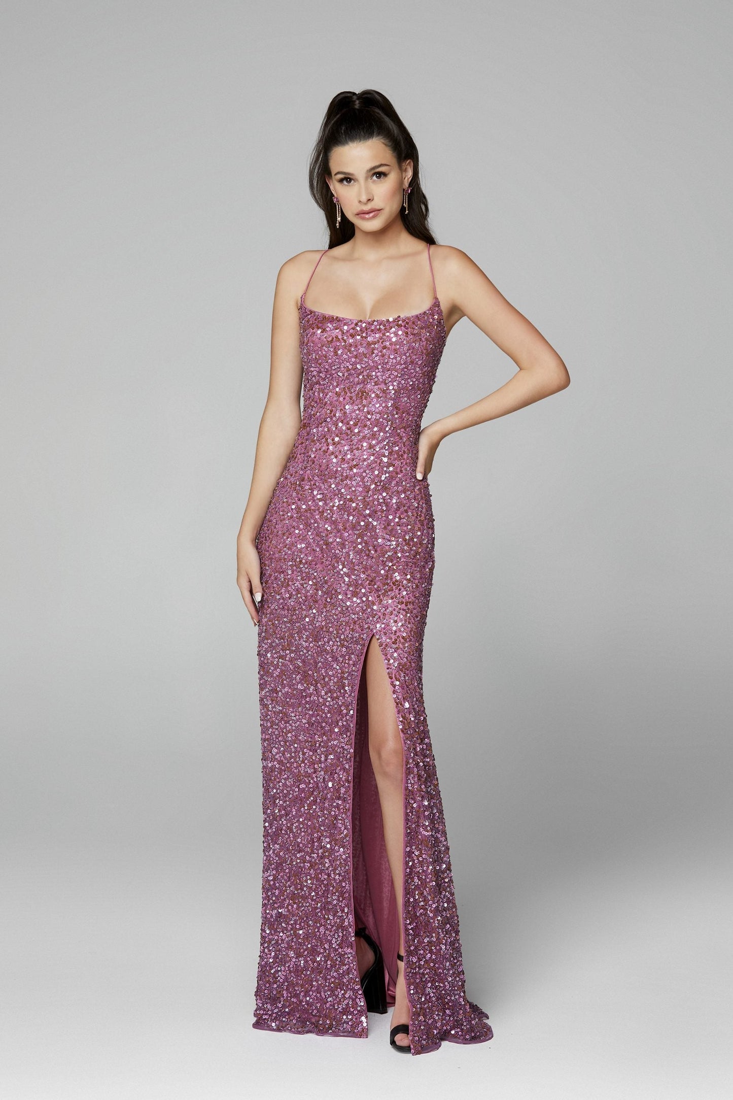 Primavera Couture 3290 Size 0 Fuchsia Prom Dress Sequins Long Fitted Tie Back Scoop Neckline