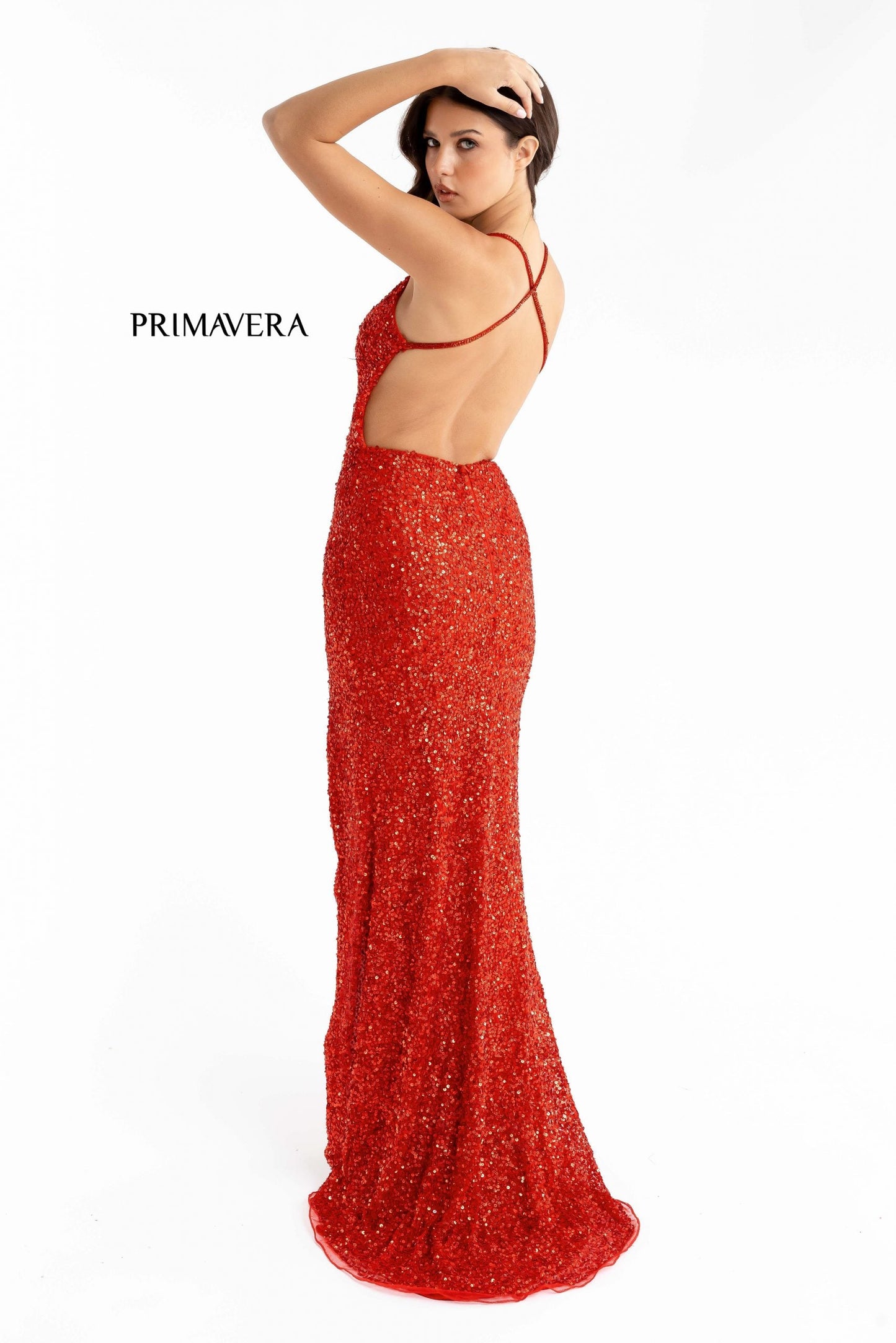 Primavera Couture 3291 Size 0 Orange Long Fitted Backless Sequin Prom Dress Formal Gown Slit