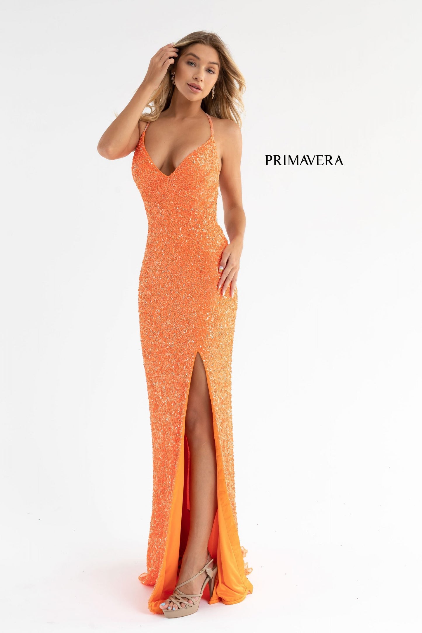 Primavera Couture 3291 Size 0 Orange Long Fitted Backless Sequin Prom Dress Formal Gown Slit