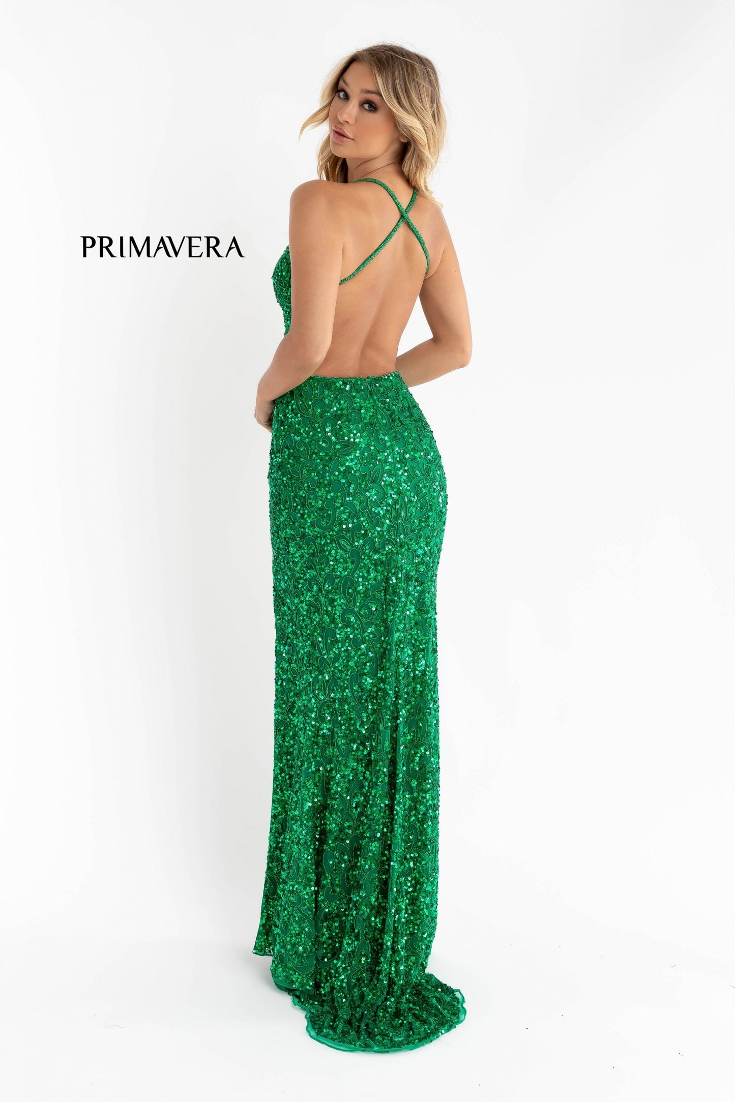 Primavera Couture 3295 Size 000 , 0  Neon Pink Prom Dress V Neckline Sequins Backless Slit Formal Evening Gown