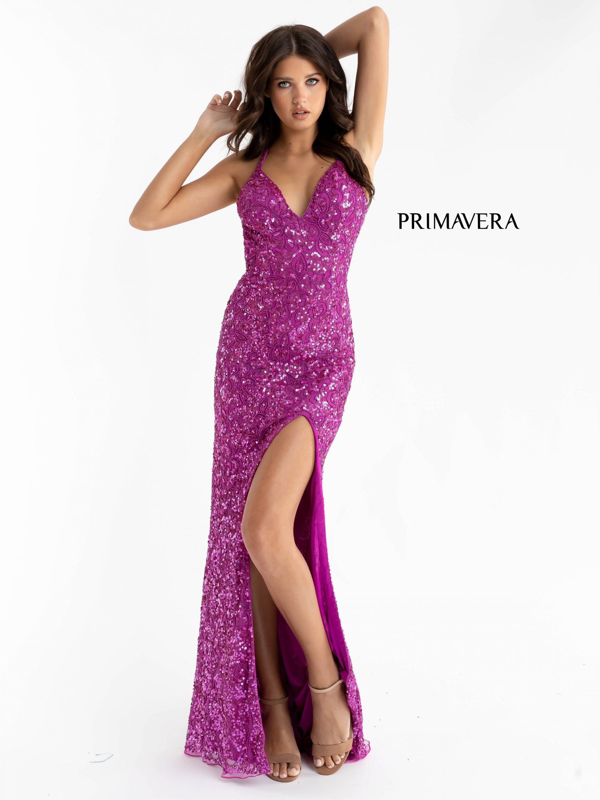 Primavera Couture 3295 Exclusive  Prom Dress, Formal Evening Gown.  This exclusive prom dress is designed with sequins throughout.  I has a V neckline with beaded spaghetti straps that crisscross in the open back.  It is long with a left side slit.  Available Colors:  FUSHIA,CREAM,EMERALD,IVORY,PEACOCK,BLACK,MIDNIGHT,NEON LILAC,NEON PINK,FORREST GREEN,PURPLE,TURQUOISE,CORAL,BLUE,RED,LIGHT BLUE,NEON SAGE