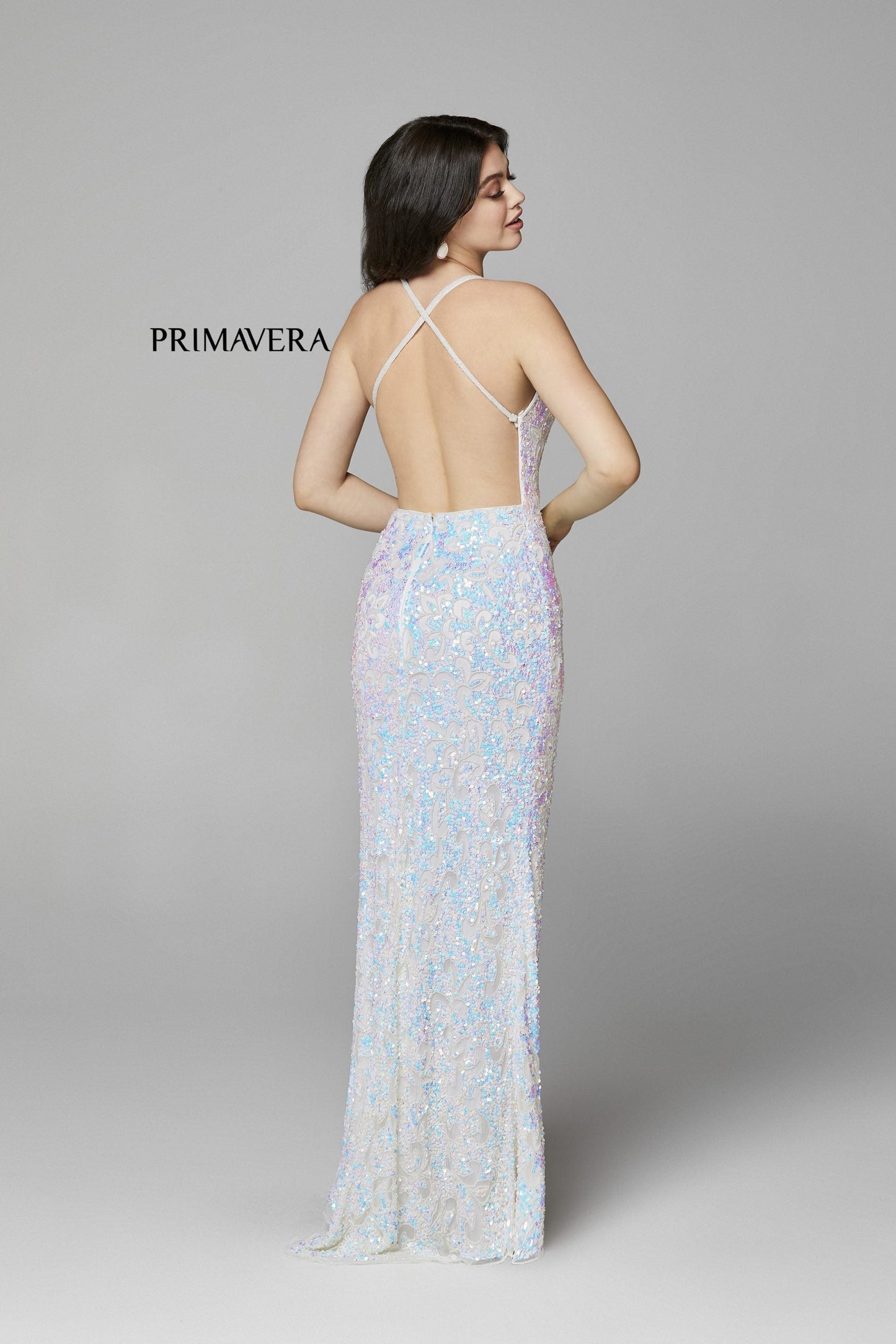 Primavera Couture 3295 Size 0, 4 Ivory Prom Dress V Neckline Sequins Backless Slit Formal Evening Gown