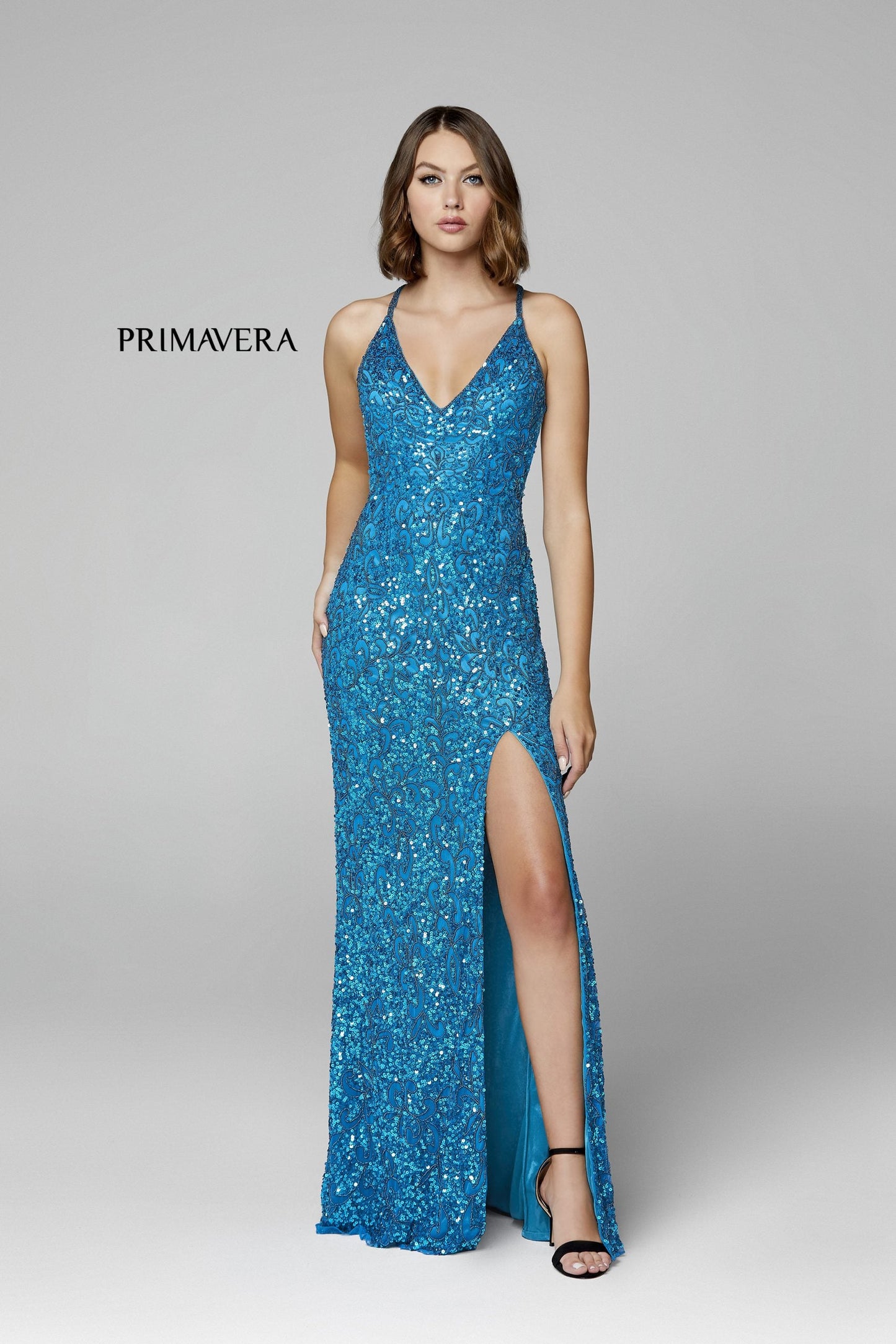 Primavera Couture 3295 Size 0, 4 Ivory Prom Dress V Neckline Sequins Backless Slit Formal Evening Gown