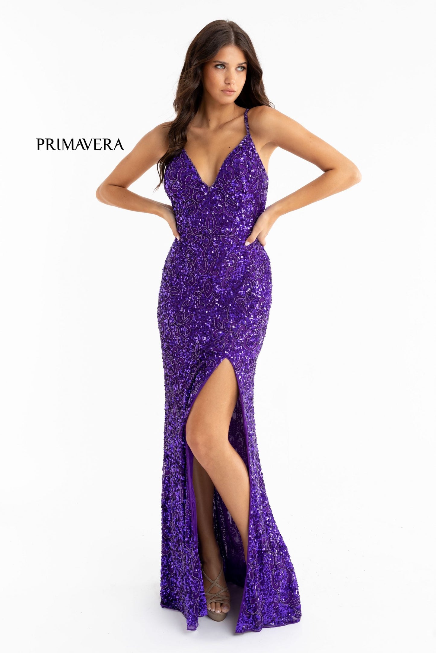 Primavera Couture 3295 Size 2, 6, 8 Emerald Prom Dress V Neckline Sequins Backless Slit Formal Evening Gown