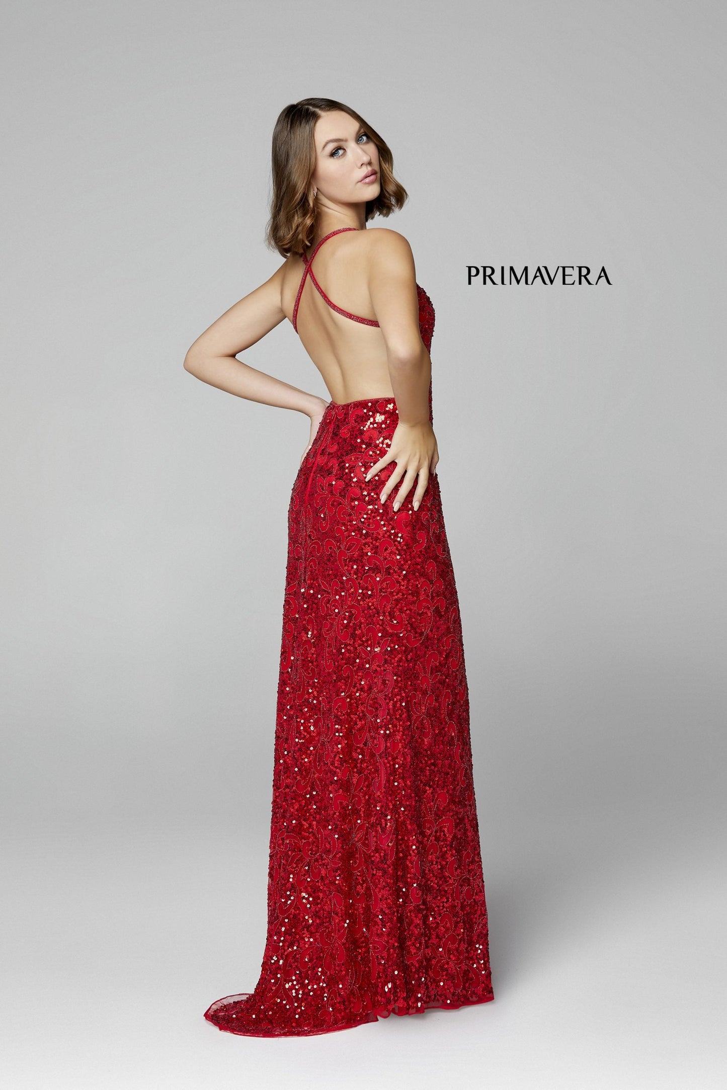 Primavera Couture 3295 Size 000 , 0  Neon Pink Prom Dress V Neckline Sequins Backless Slit Formal Evening Gown