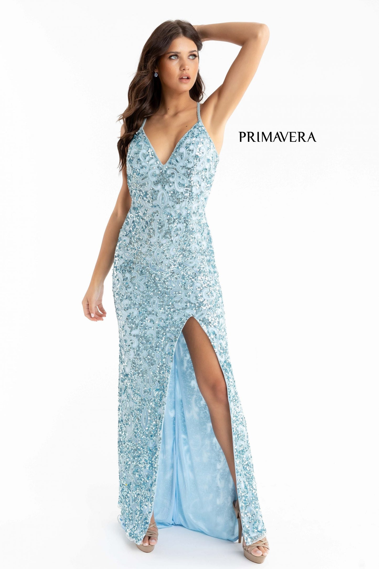 Primavera Couture 3295 Size 2, 6, 8 Emerald Prom Dress V Neckline Sequins Backless Slit Formal Evening Gown