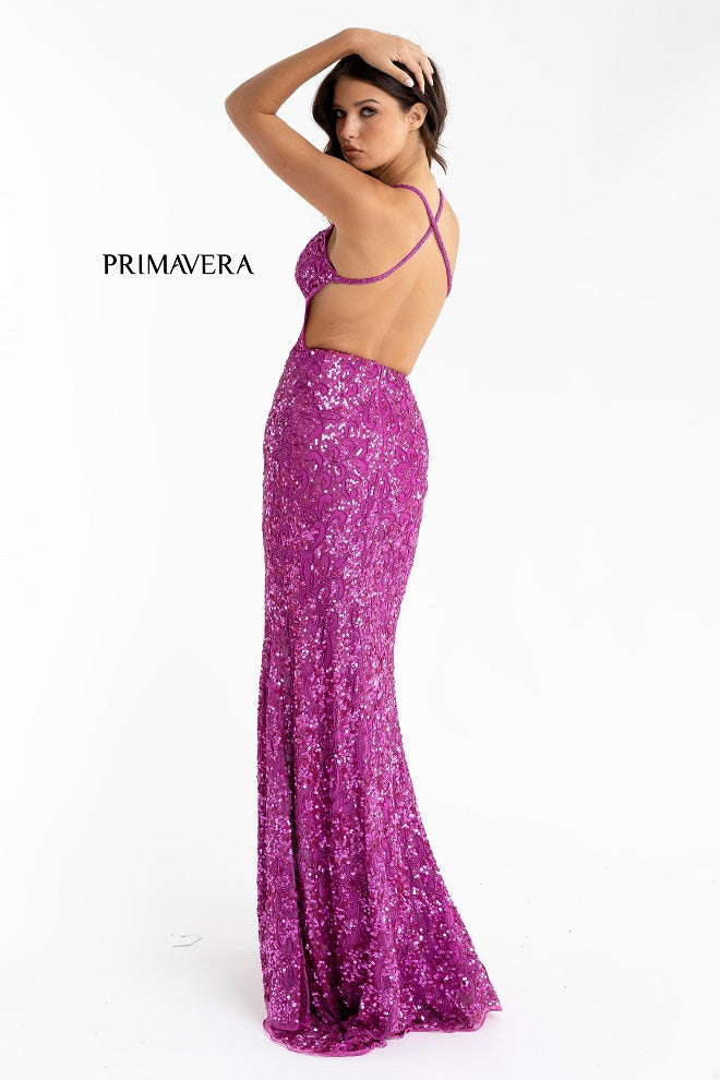 Primavera couture 3295 Size 2  Fuchsia Prom Dress Sequins V Neckline Backless Slit