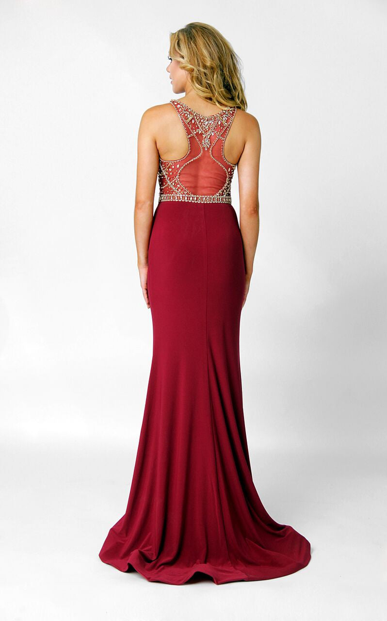 Swing Prom 3463 sleeveless Sheer Embellished high neckline beaded bodice and jersey Fit & Flare gown. illusion plunging neckline formal evening gown.   Available Size: 4  Available Color: Wine