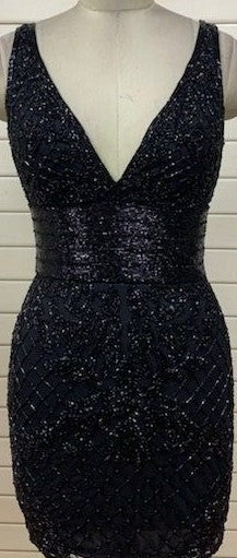 Primavera Couture 3514 V neckline wide straps high V back embellished waist short sequin cocktail dress homecoming dress reception dress 