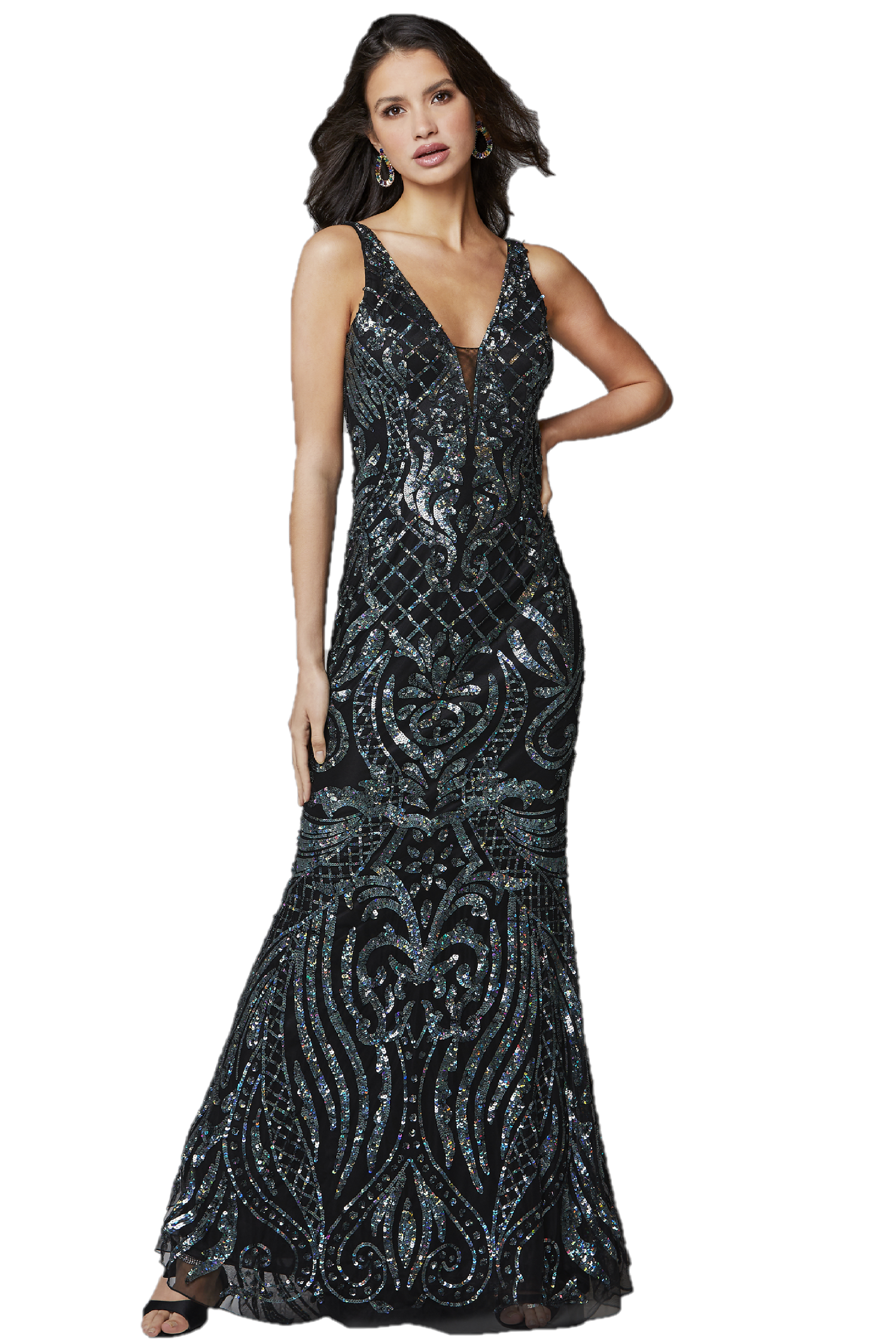 Primavera Couture 3612 is a long Fitted Sequin Embellished Formal Evening Gown. Featuring a Plunging Deep V Neckline. Elegant Sequin Embellishments scroll down throughout the length of this fit & Flare Prom Dress.  Available Sizes: 00,0,2,4,6,8,10,12,14,16,18  Available Colors: Black/Blue, Black/Multi, Ivory, Yellow