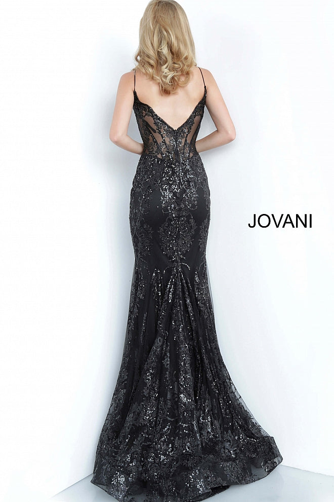 Shine like a Diamond in Jovani 3675! This Gown Features an Embellished Sheer Corset Style Bodice with a Deep V Neckline. Mermaid Silhouette with a Glitter & Crystal Overlay on Tulle. 