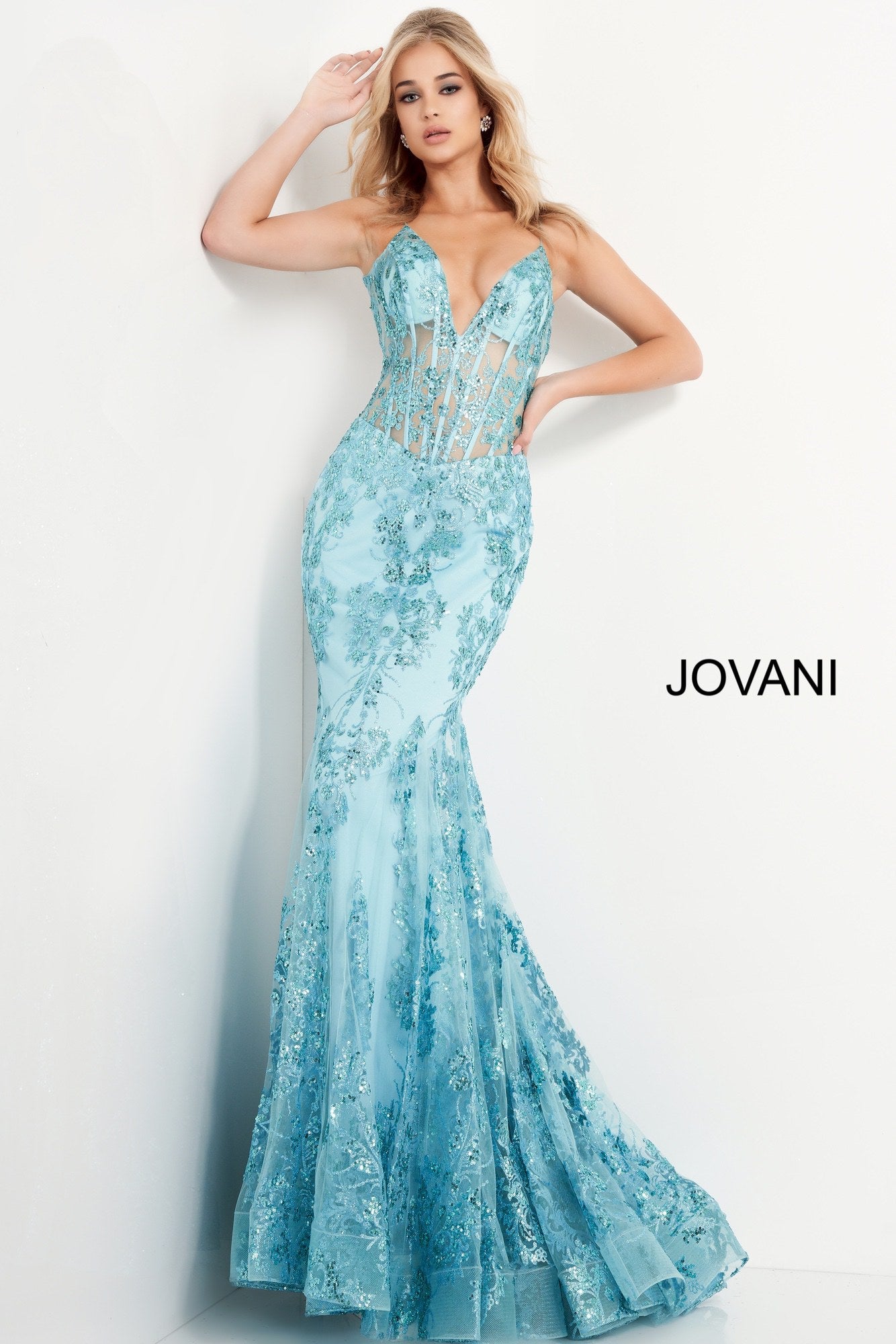 Jovani 3675 Prom Dress Sheer Corset Shimmer Mermaid Pageant Gown