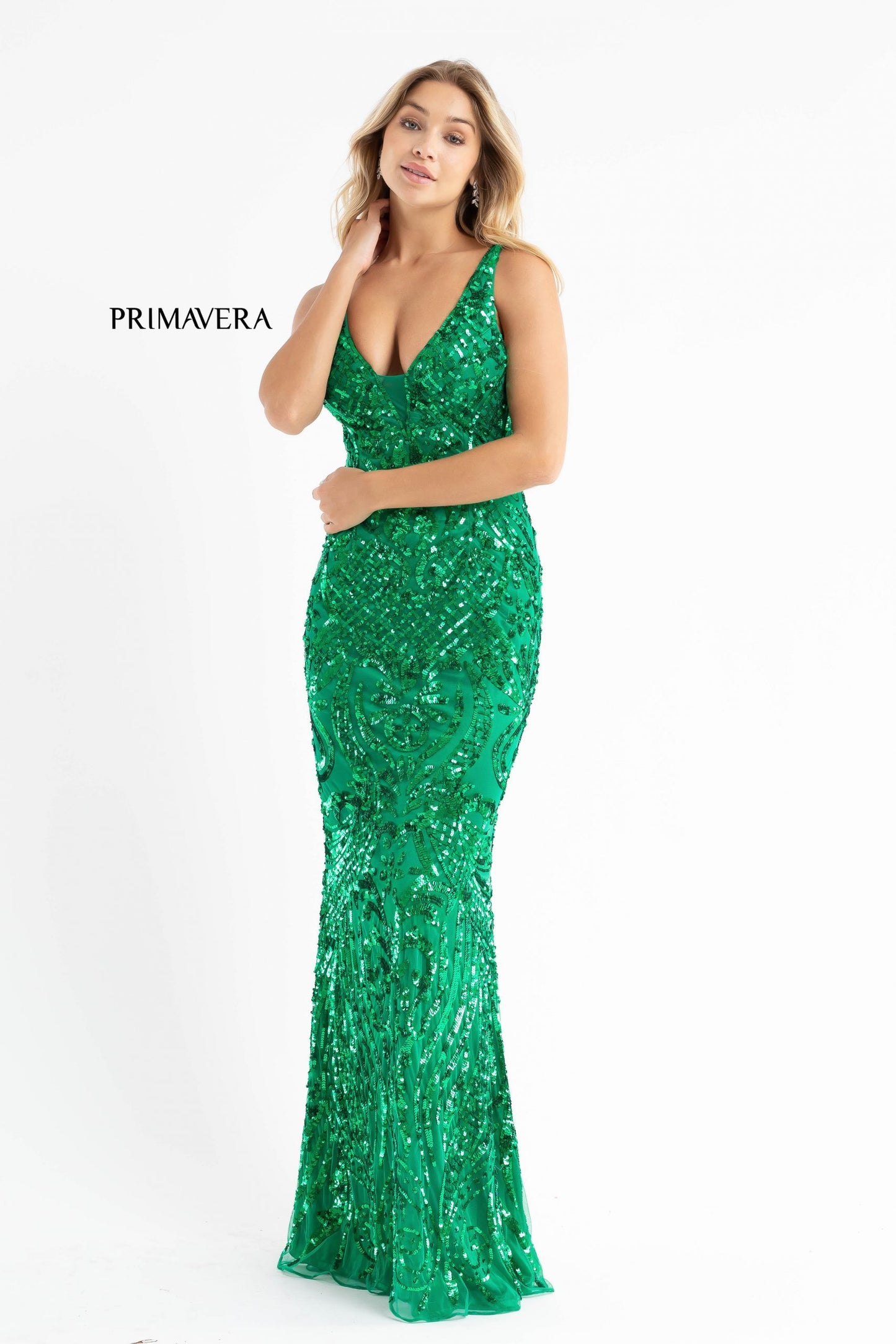 Primavera Couture 3722 Size 14 Iridescent Prom Dress V Neckline V Back Long Sequins Evening Gown