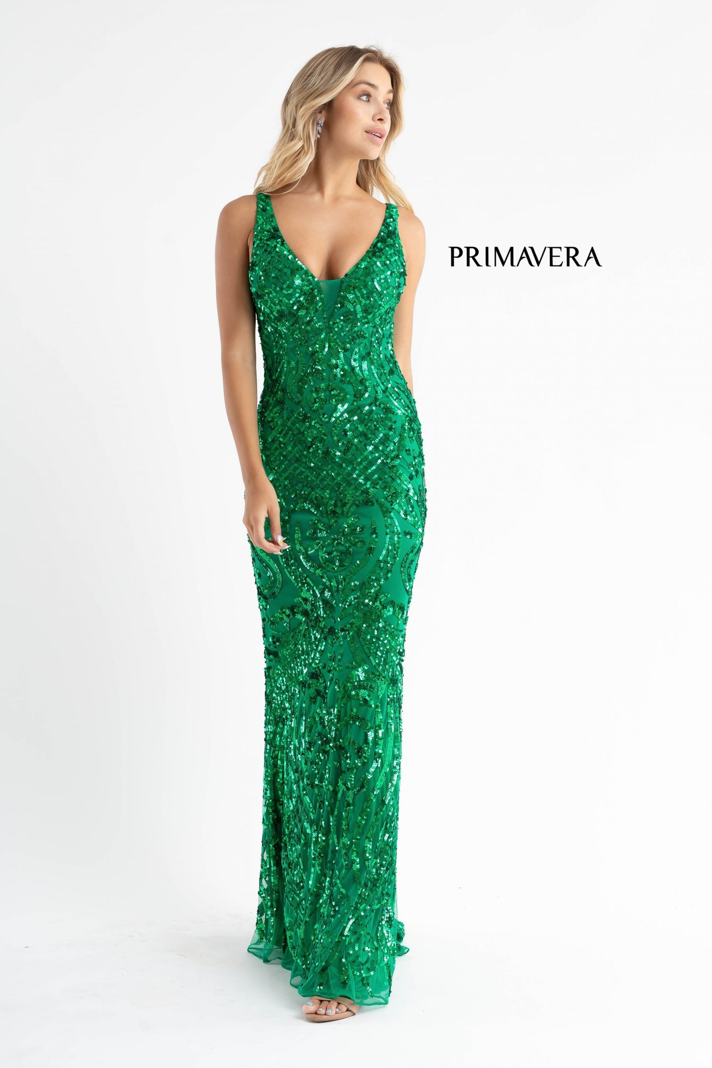 Primavera Couture 3722 Size 14 Iridescent Prom Dress V Neckline V Back Long Sequins Evening Gown