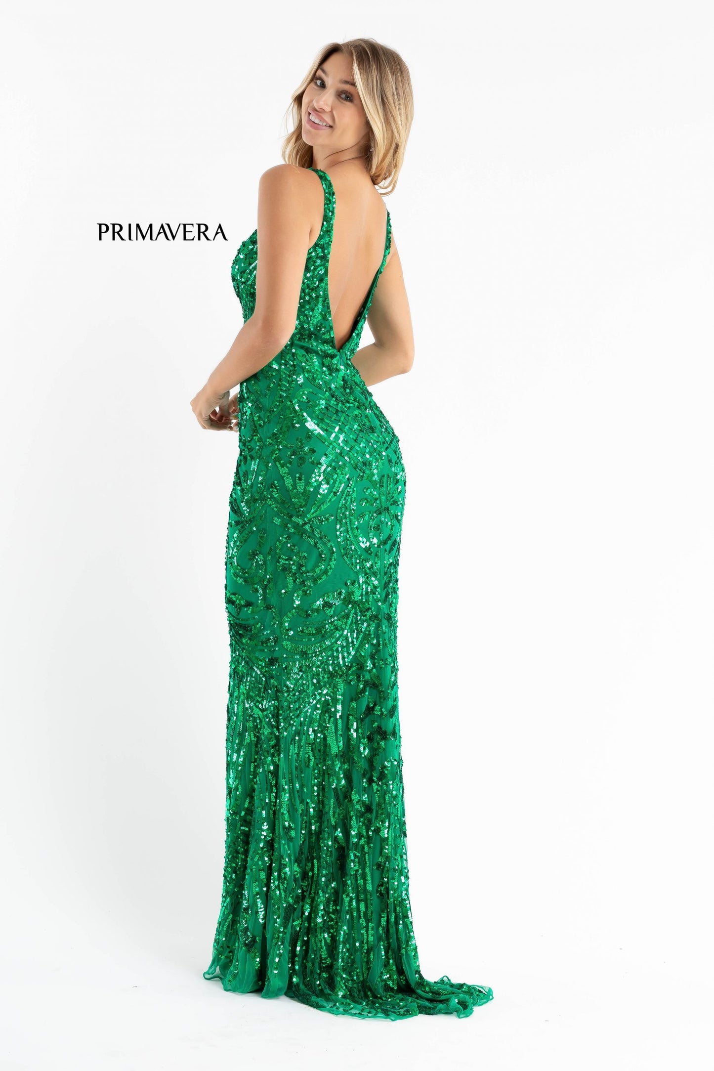 Primavera Couture 3722 Size 14 Iridescent Prom Dress V Neckline V Back Long Sequins Evening Gown