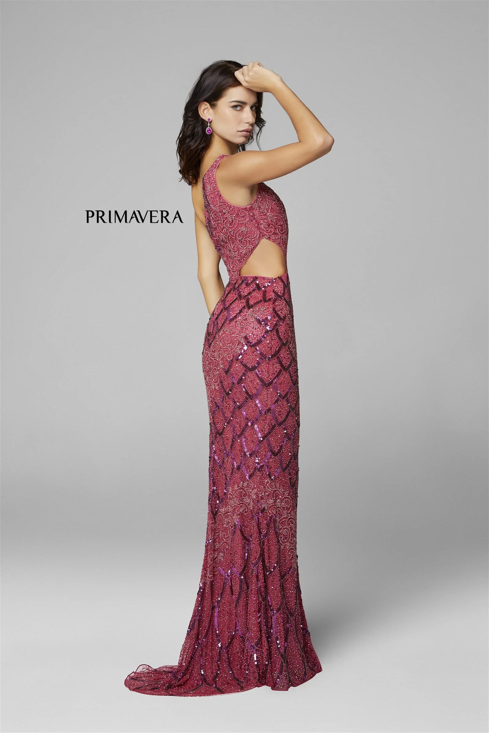 Primavera Couture 3729 This iridescent prom dress is sure to stand out in a crowd.  With its one shoulder design and side cutout, it makes an excellent choice for prom.  It ends with a slit and sweeping train.  Colors:  NEON PINK, NEON CORAL, SAGE GREEN, LIGHT TURQUOISE, BRIGHT BLUE, ORANGE, EMERALD, PURPLE, ROYAL BLUE, PINK, RASPBERRY, IVORY, GOLD, CHARCOAL, BLACK, RED  Sizes:  000, 00, 0, 2, 4, 6, 8, 10, 12, 14, 16, 18