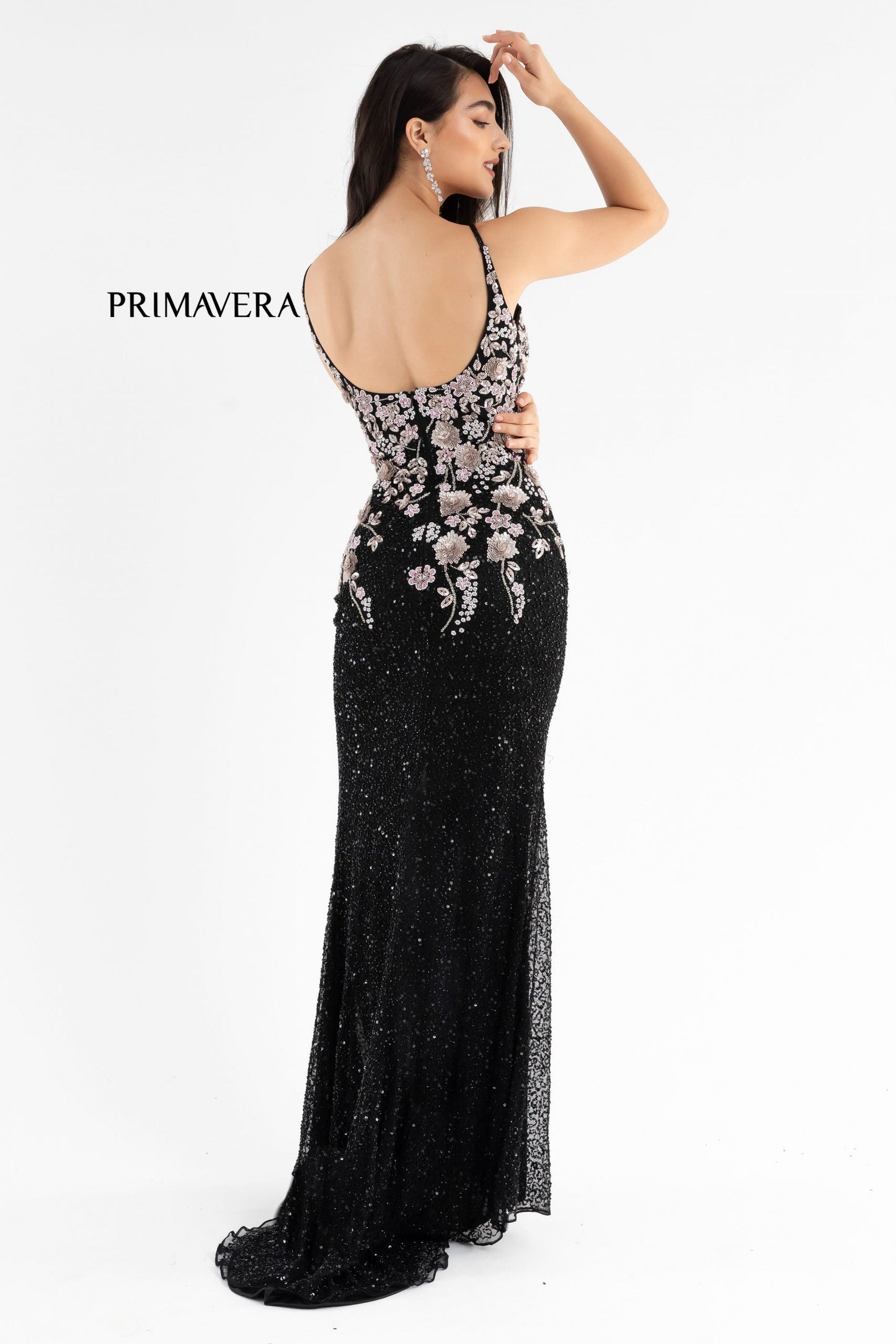 Primavera Couture 3730 Size 4 Prom Dress Flower Bodice Sequins V Neckline Slit Mid Back