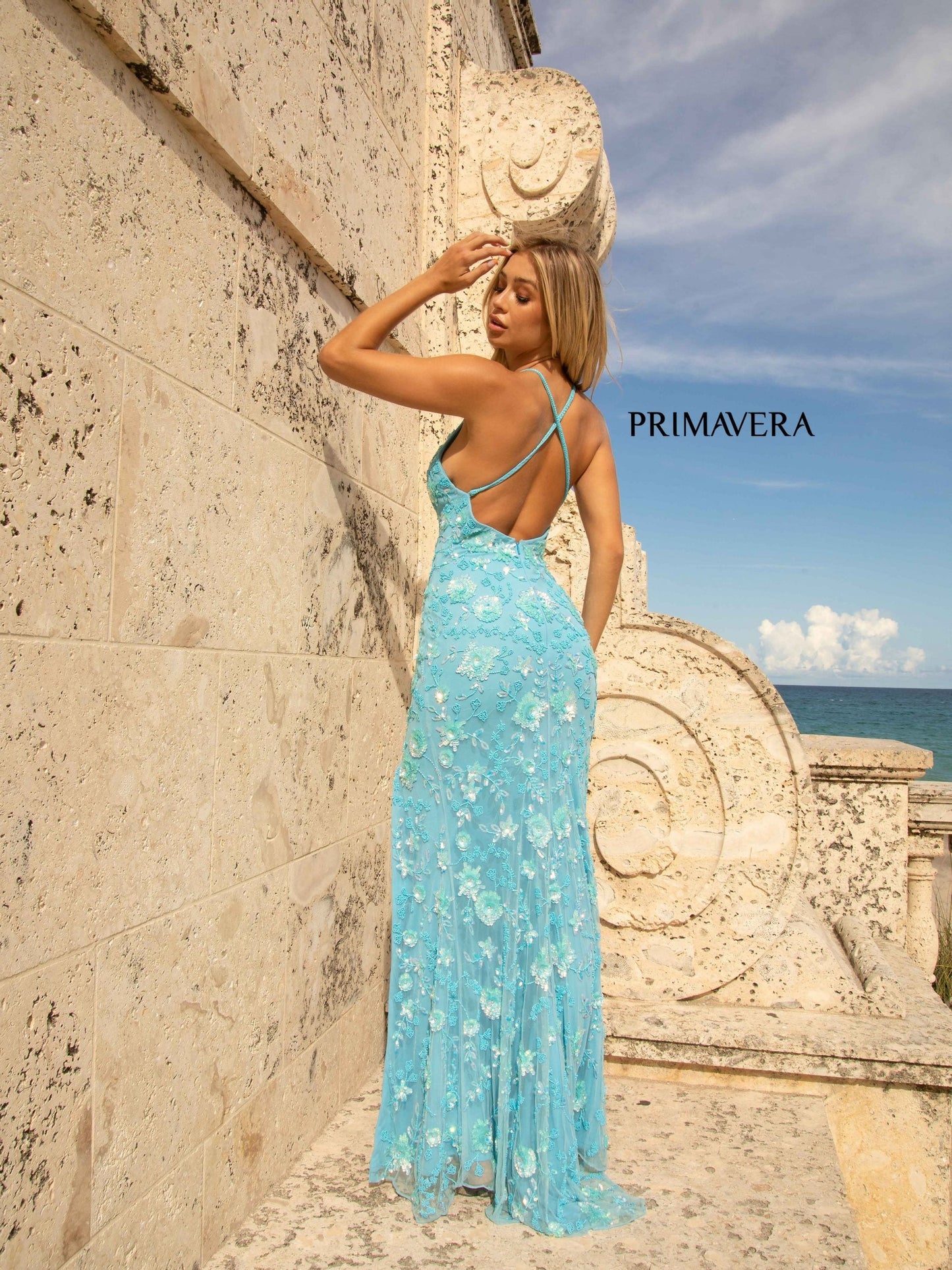 Primavera Couture 3731 Size 6 Turquoise 3D Flowers Prom Dress Sequins with a V Neckline Slit Open Back