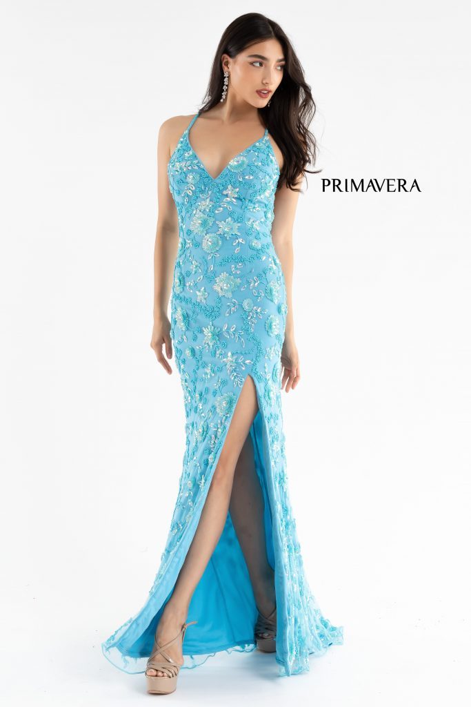 Primavera Couture 3731 Size 6 Turquoise 3D Flowers Prom Dress Sequins with a V Neckline Slit Open Back