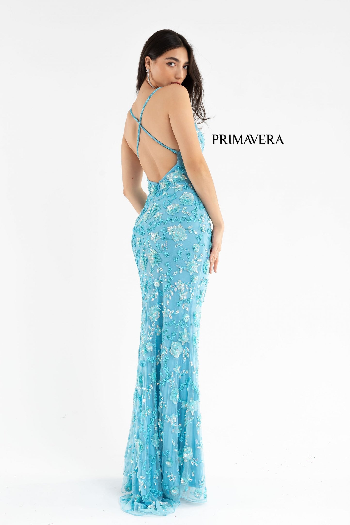 Primavera Couture 3731 Size 6 Turquoise 3D Flowers Prom Dress Sequins with a V Neckline Slit Open Back