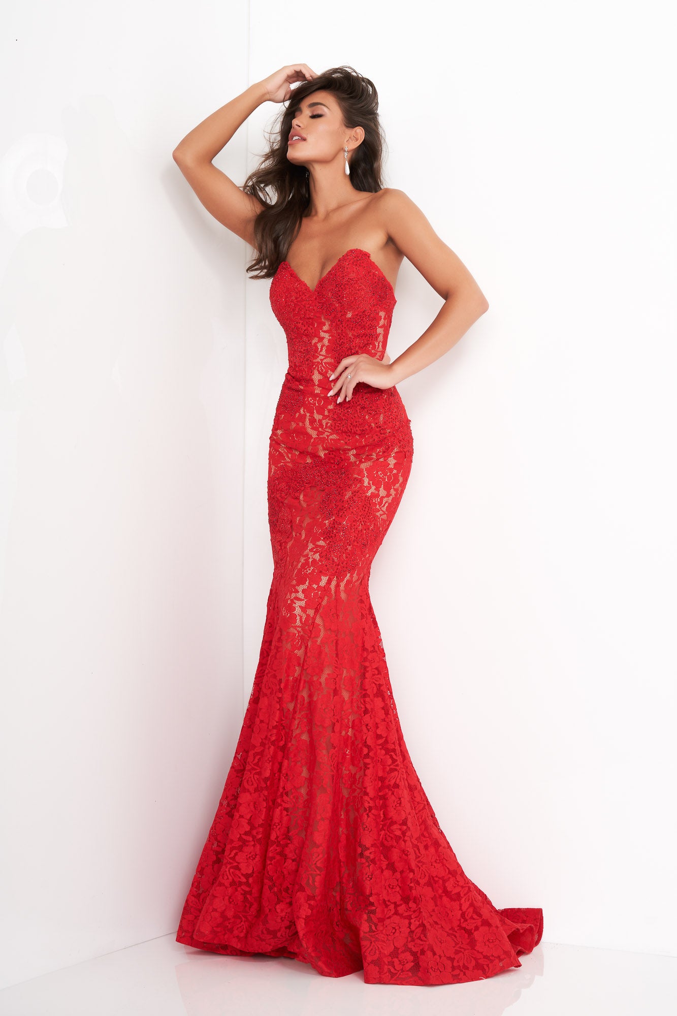 Jovani 37334 strapless embellished lace prom dress Fitted Mermaid Long peak point neckline