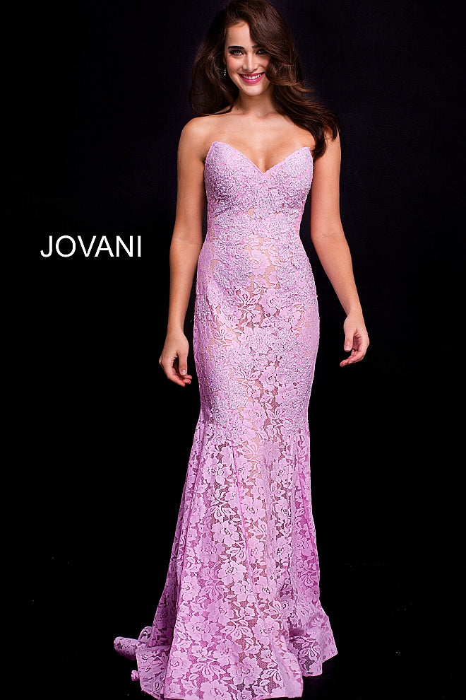 Jovani 37334 strapless embellished lace prom dress Fitted Mermaid Long peak point neckline