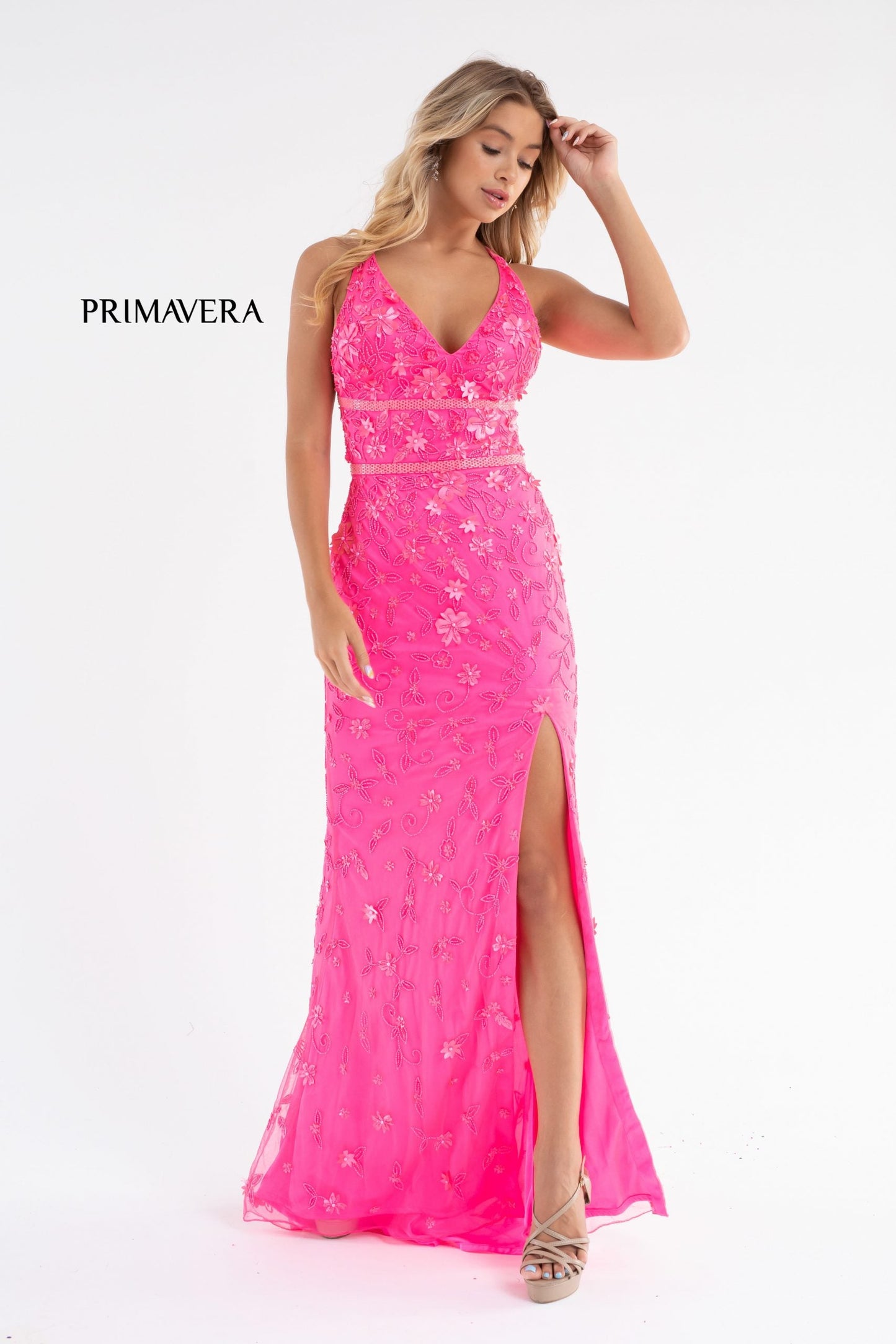 Primavera Couture 3746 Size 00, 6 Neon Pink 3D Flowers Prom Dress Beaded V Neckline Evening Gown Slit