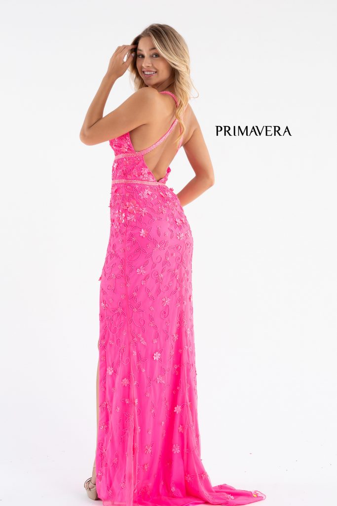 Primavera Couture 3746 Size 00, 6 Neon Pink 3D Flowers Prom Dress Beaded V Neckline Evening Gown Slit