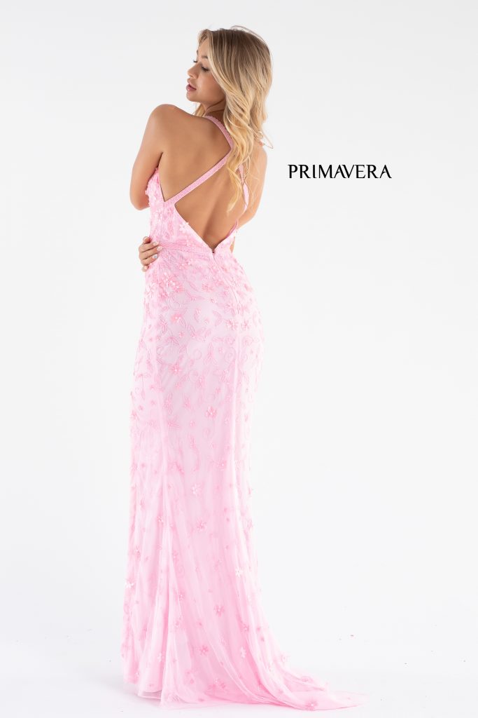 Primavera Couture 3746 Size 00, 6 Neon Pink 3D Flowers Prom Dress Beaded V Neckline Evening Gown Slit