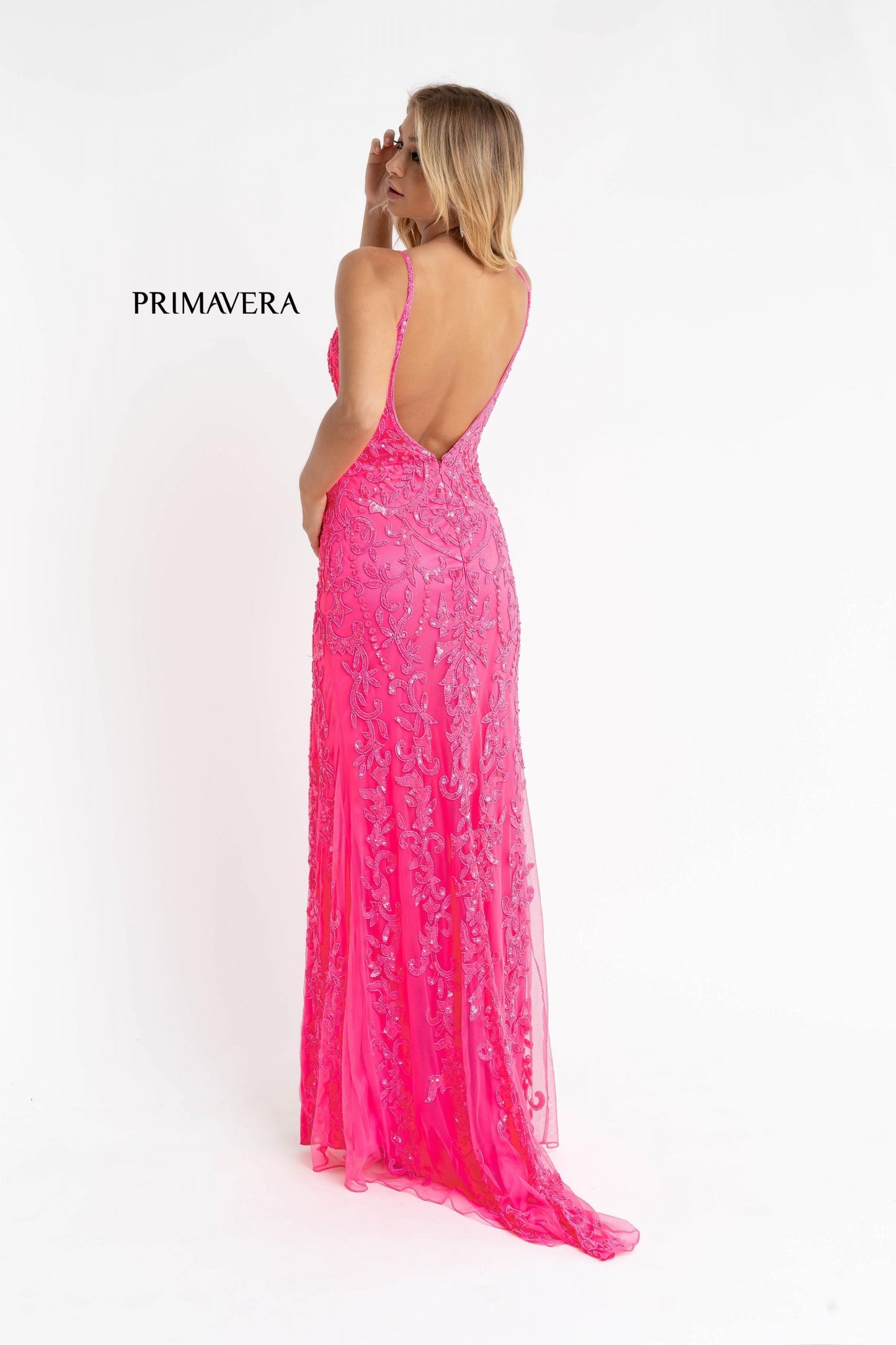 Primavera Couture 3749 Size 6 Neon Pink Sequined Prom Dress V Neckline Sweeping Train Evening Gown