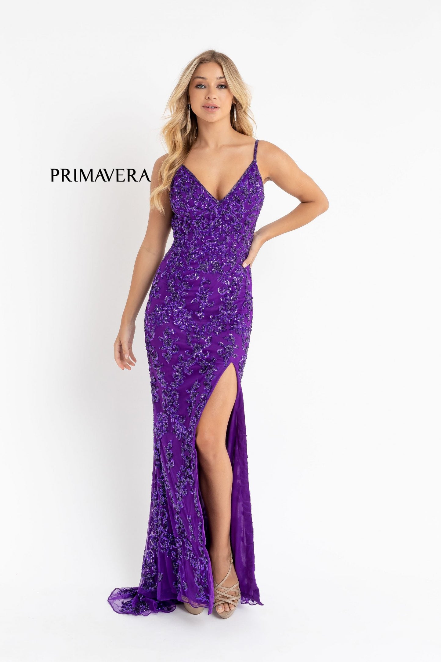 Primavera Couture 3754 Size 18 Purple Prom Dress Sequins V Neckline Evening Gown Backless Slit Train