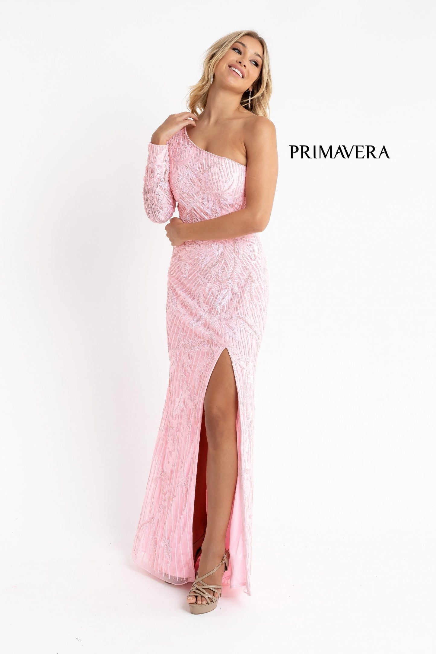 Primavera Couture 3759 Size 2 Pink One Long Sleeve Prom Dress Sequined Evening Gown Slit