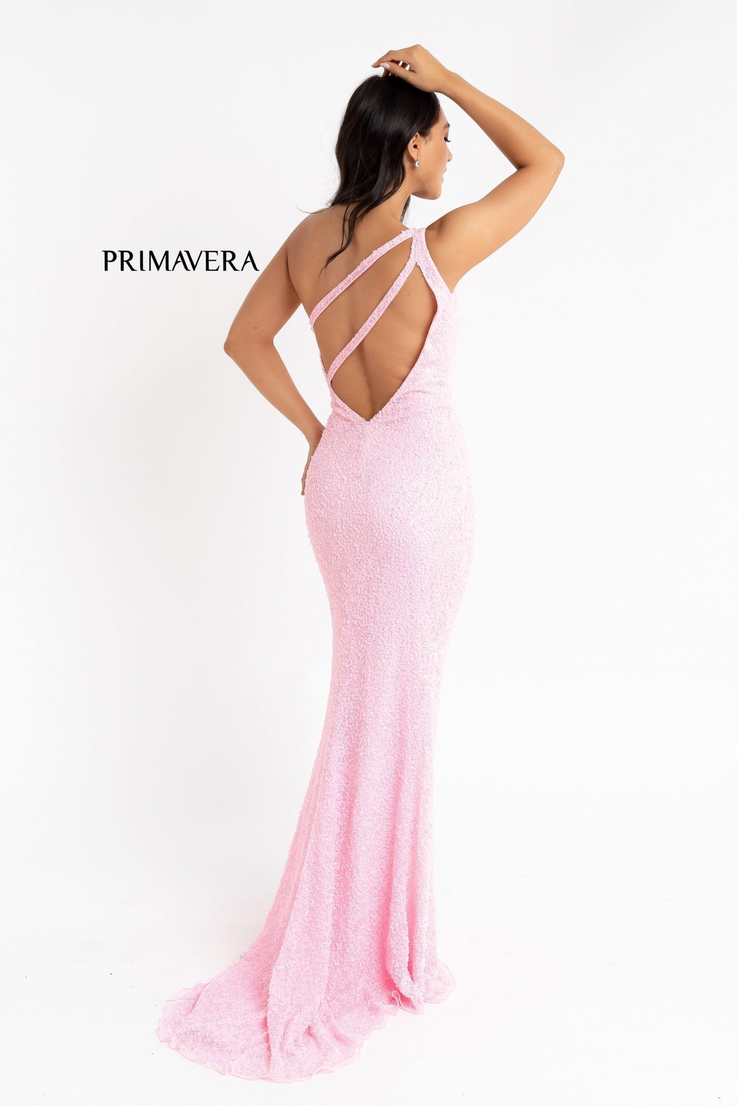 Primavera Couture 3761 Size 0 Pink One Shoulder Prom Dress Pink Sequin Double Strap Back Slit Train