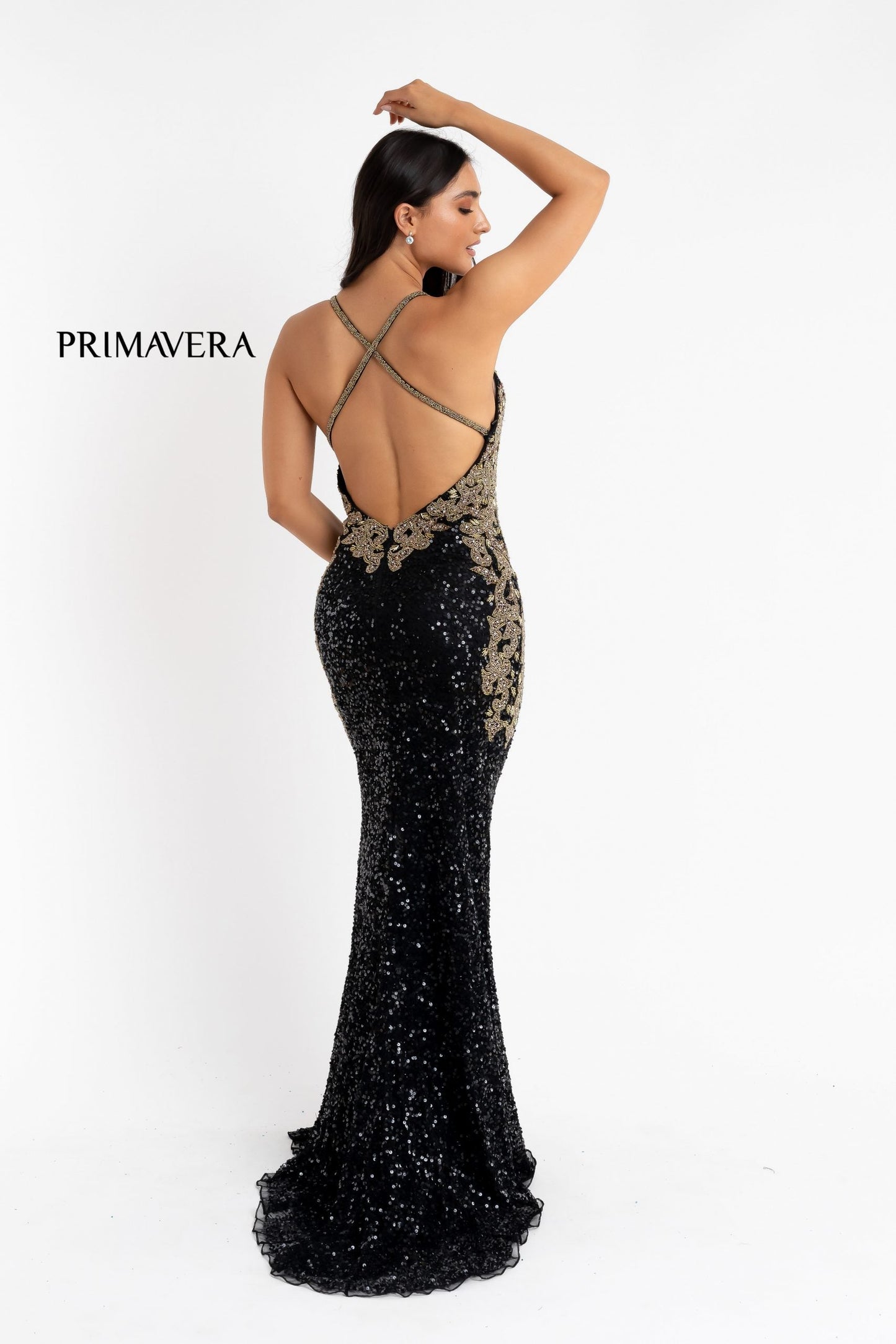 Primavera Couture 3765 Size 12 Sequined Prom Dress with Bead Trimmed V Neckline Slit Train