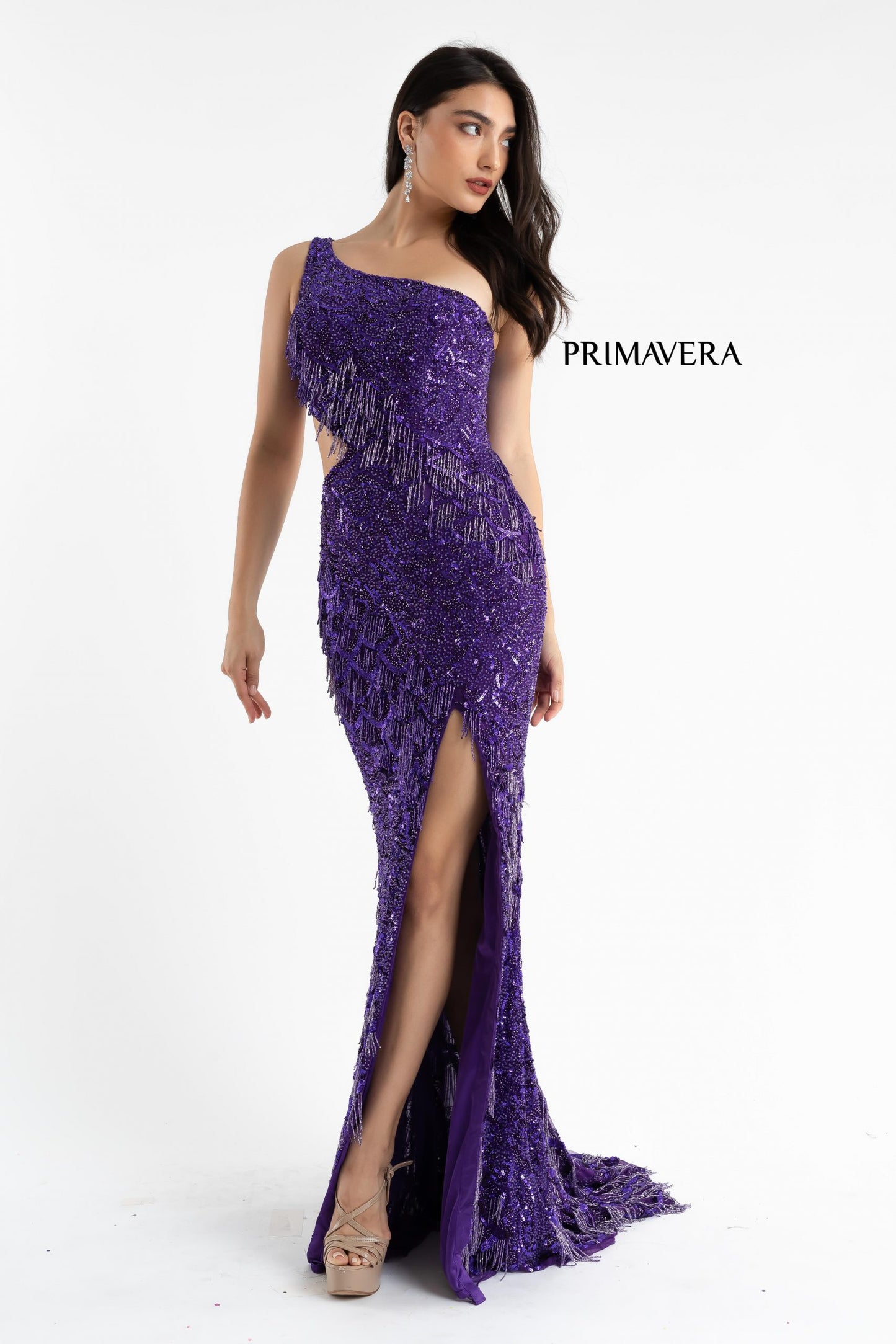 Primavera Couture 3766 One Shoulder Fringe Prom Dress Pageant Gown Cutout Side