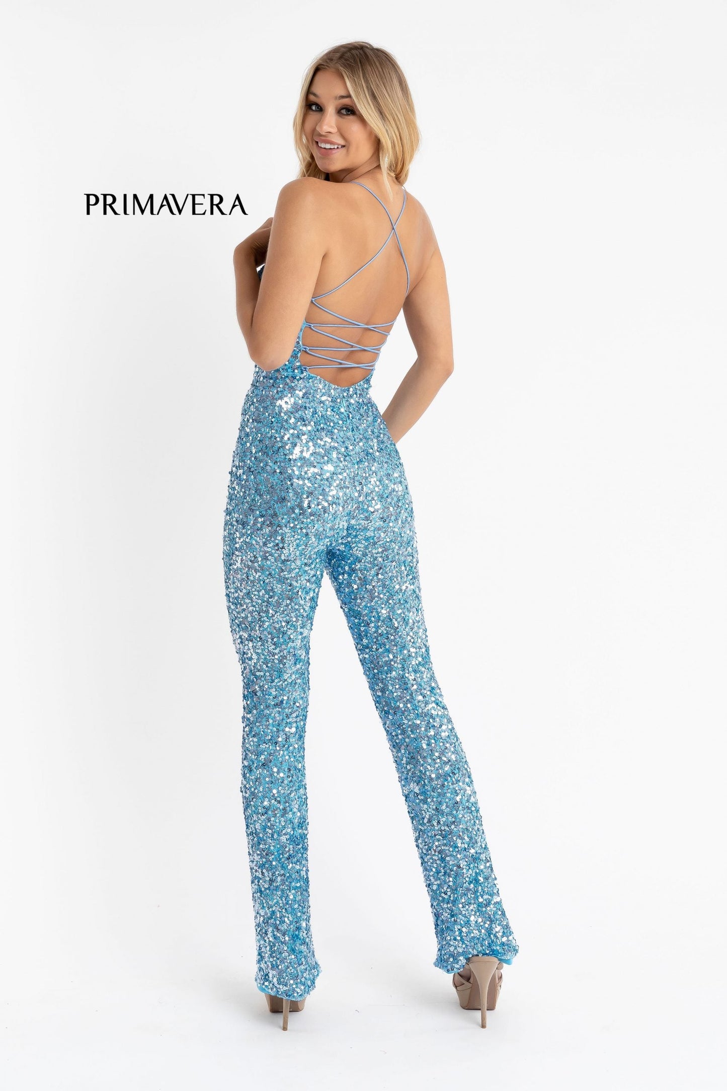 Primavera Couture 3774 Size 2, 6, 10 Ivory Sequin Jumpsuit Scoop Neckline Lace Up Tie Back Straight Legs