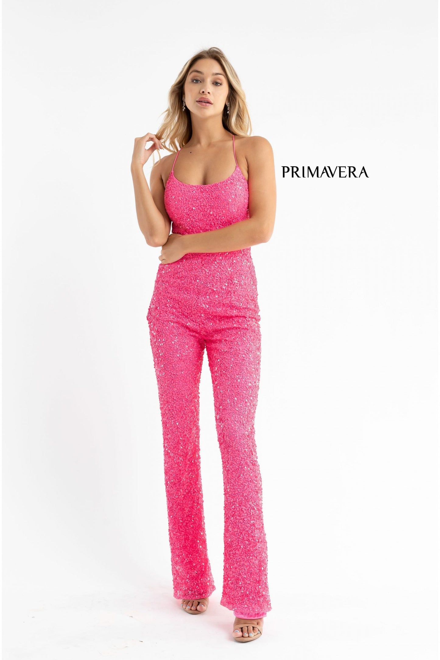 Primavera Couture 3774 Size 0 Neon Pink Sequin Jumpsuit Scoop Neckline Lace Up Tie Back Straight Legs