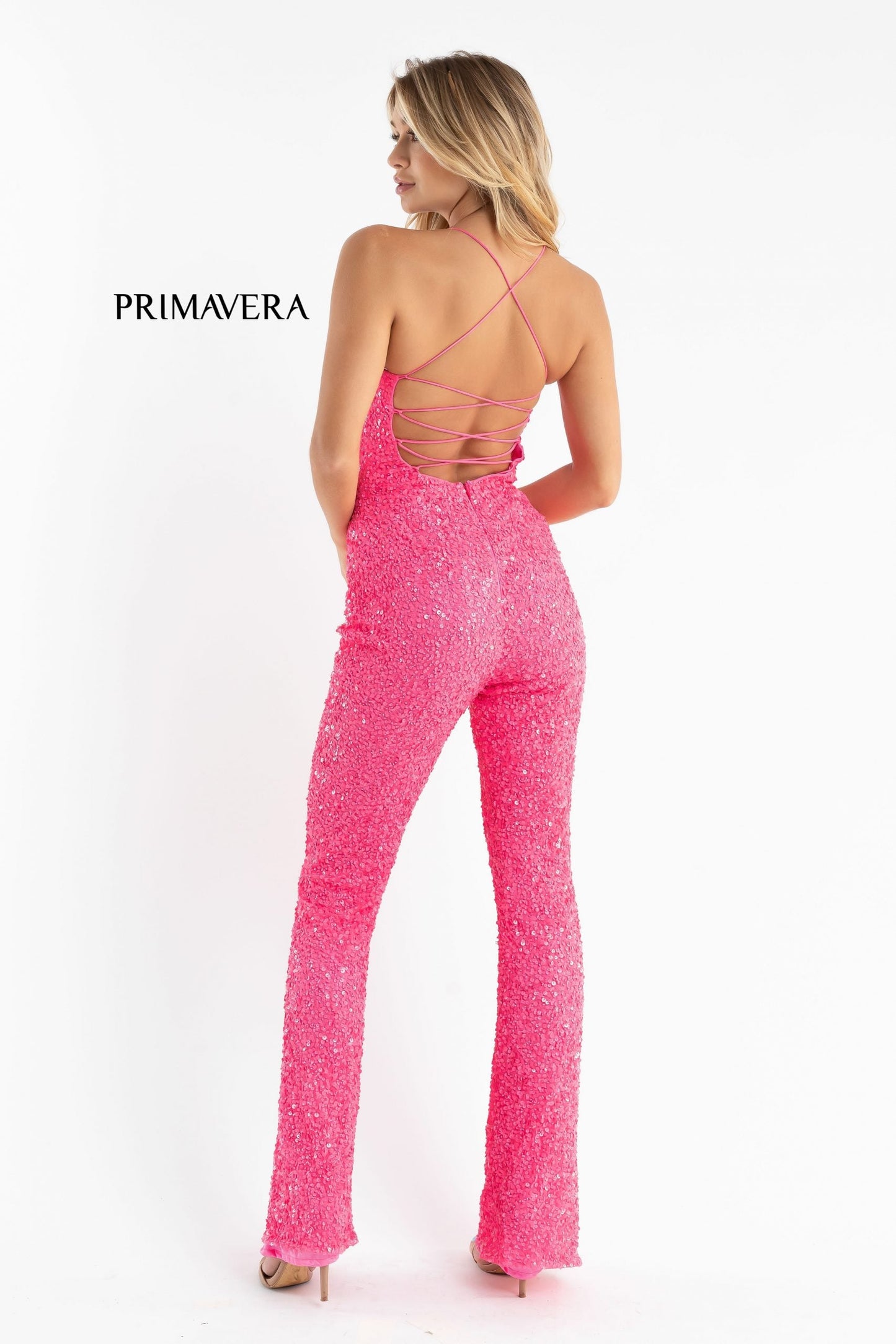 Primavera Couture 3774 Size 0 Neon Pink Sequin Jumpsuit Scoop Neckline Lace Up Tie Back Straight Legs