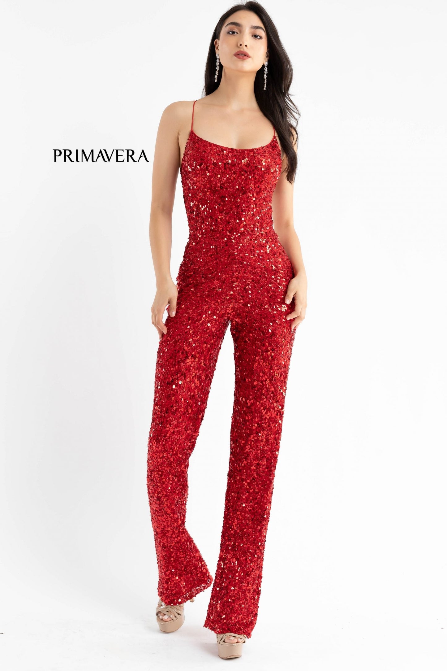 Primavera Couture 3774 Size 0 Neon Pink Sequin Jumpsuit Scoop Neckline Lace Up Tie Back Straight Legs