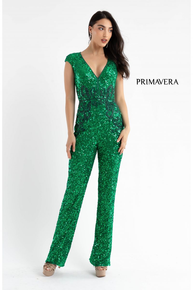 Primavera Couture 3775 Size 00 Royal Blue Sequined Jumpsuit Beaded Waist and Hips Cap Sleeves