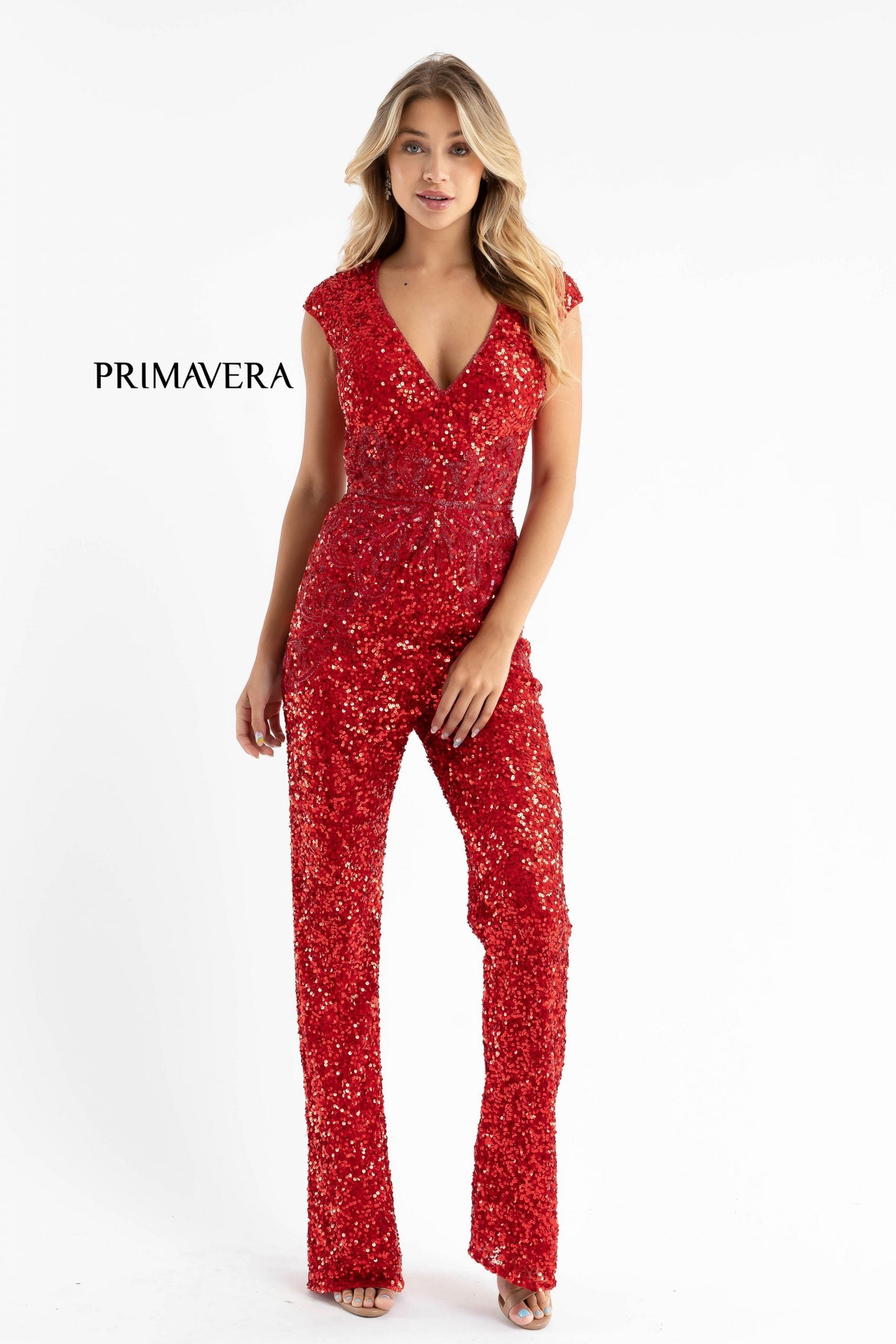 Primavera Couture 3775 Size 12 Turquoise Sequined Jumpsuit Beaded Waist and Hips Cap Sleeves