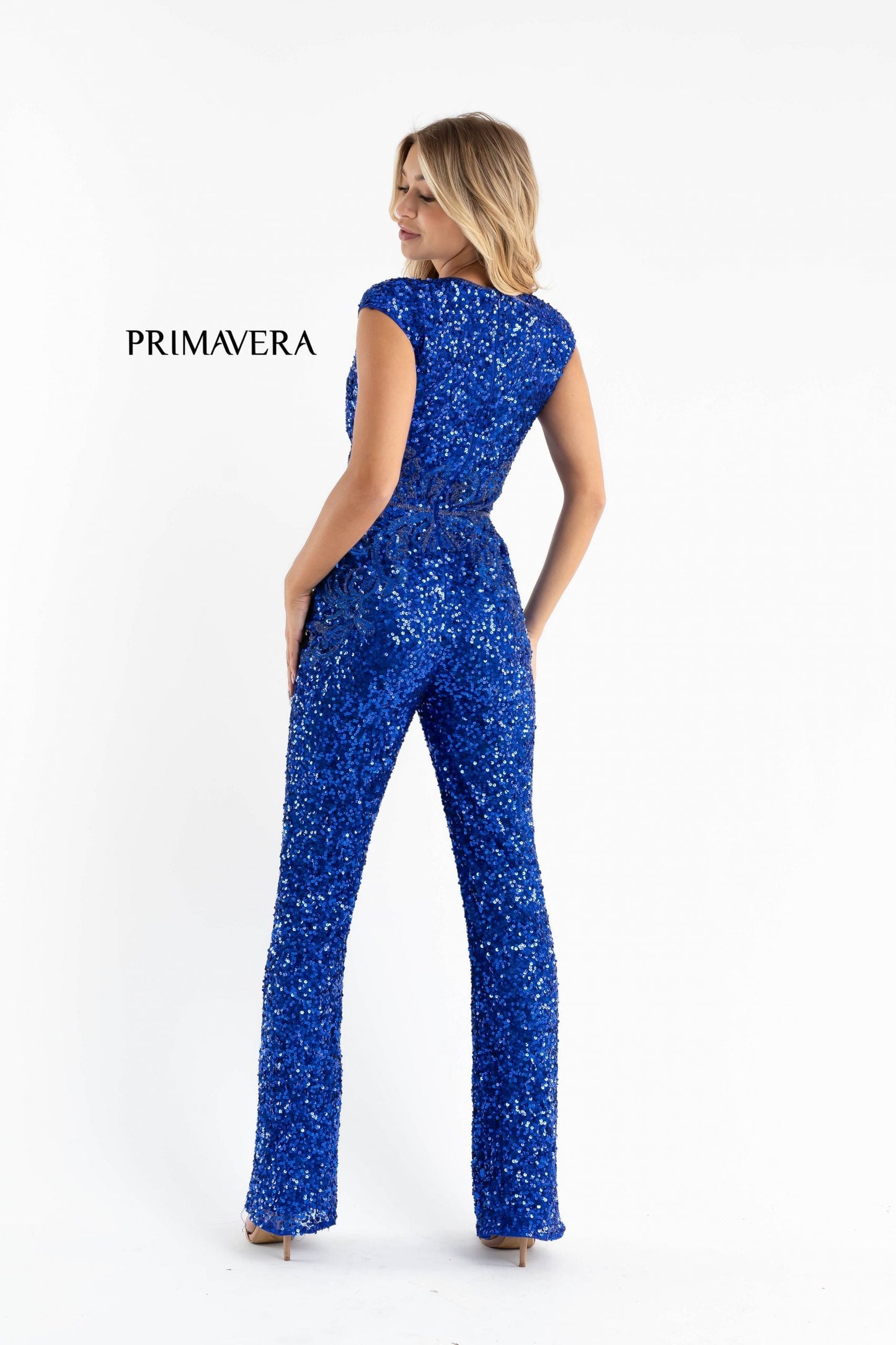 Primavera Couture 3775 Size 00 Royal Blue Sequined Jumpsuit Beaded Waist and Hips Cap Sleeves